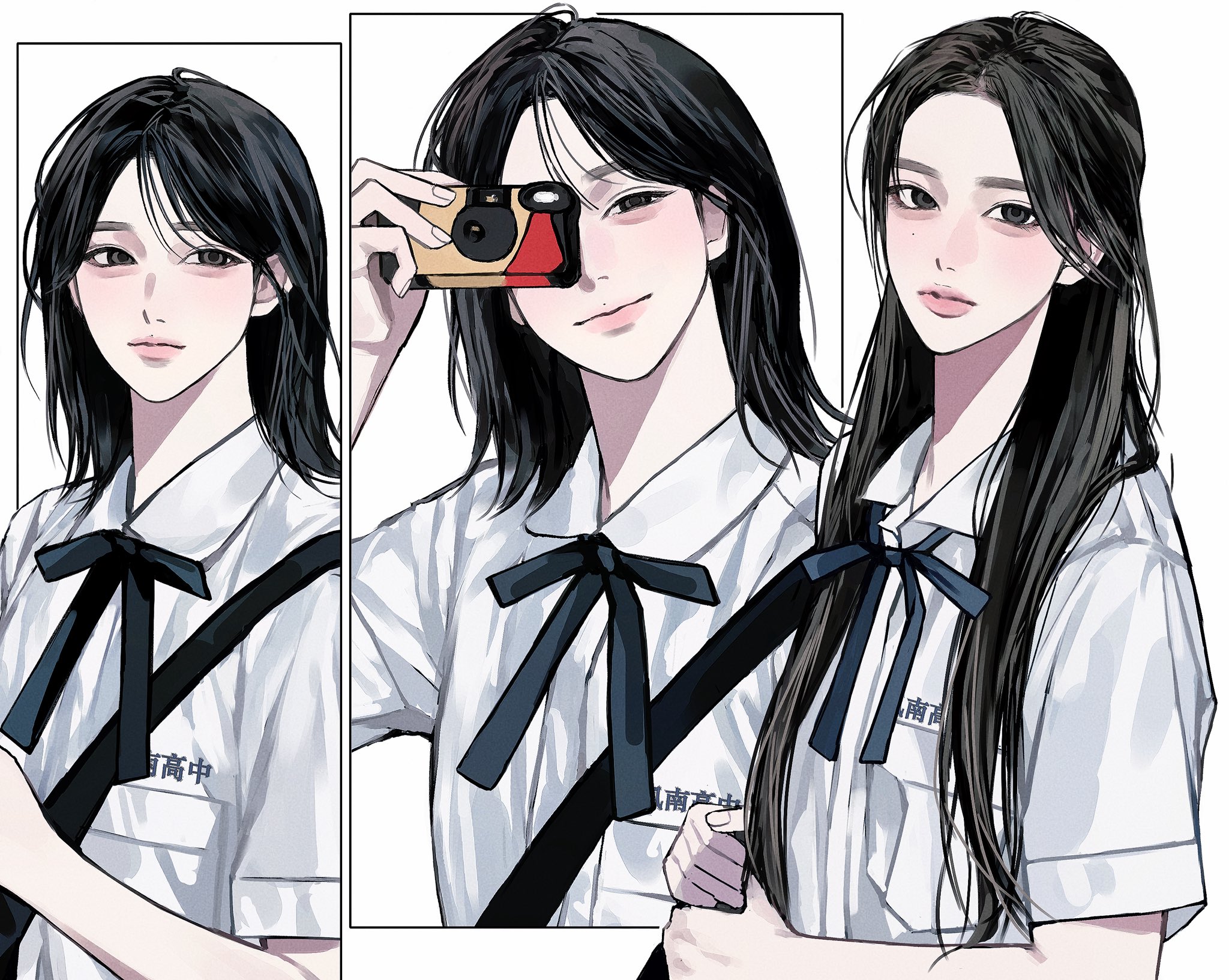 lee q p, real life, commentary request, highres, mixed-language commentary, 2girls, aegyo sal, asian, black bag, black eyes, black hair, blue bow, bow, bowtie, camera, collared shirt, crossbody bag, fingernails, haewon (nmixx), holding, holding camera, implied yuri, k-pop, lips, long hair, looking at viewer, medium hair, multiple girls, nmixx, shirt, short sleeves, simple background, smile, sullyoon (nmixx), upper body, white background, white shirt