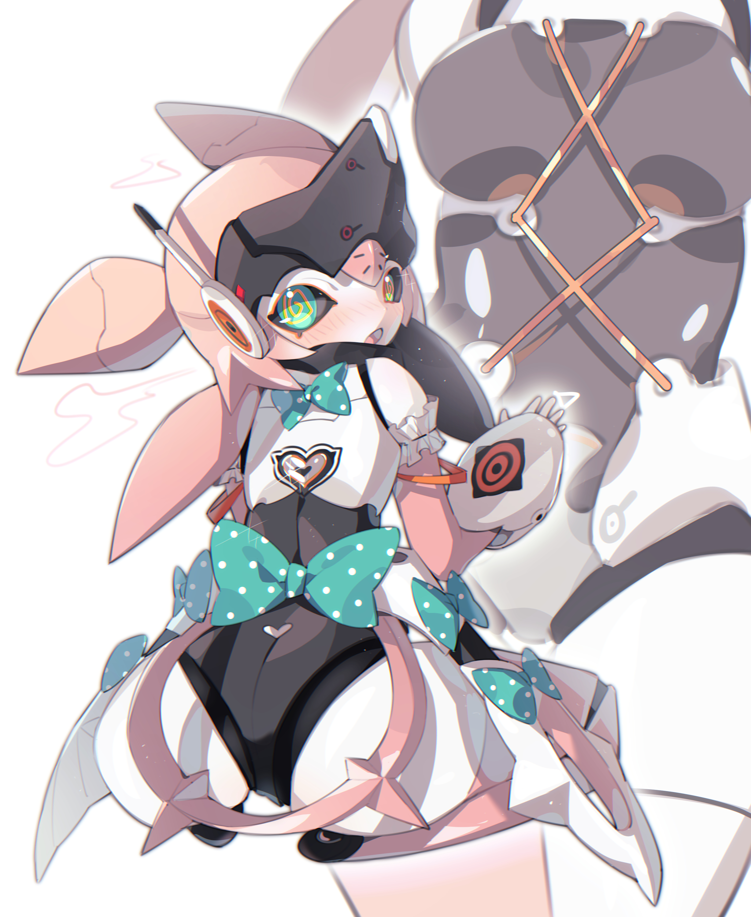 sen light, aria (zenless zone zero), angels of delusion, zenless zone zero, absurdres, commentary request, highres, korean commentary, 1girl, blush, bow, from behind, green bow, green eyes, humanoid robot, joints, looking at viewer, looking back, mechanical ears, open mouth, robot, robot girl, robot joints, solo