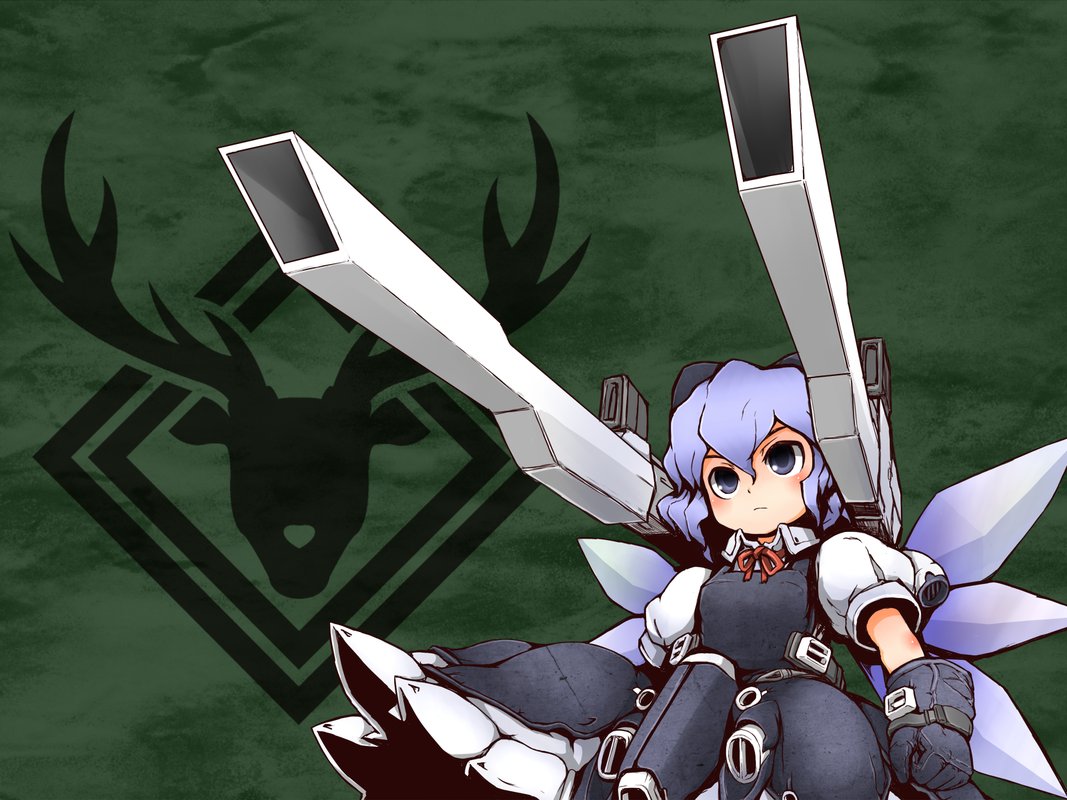 shishigami (sunagimo), cirno, gundam double x, after war gundam x, gundam, touhou, bad id, bad pixiv id, 1girl, blue eyes, blue hair, cannon, female focus, gloves, matching hair/eyes, mecha, mecha musume, parody, robot, solo, wings