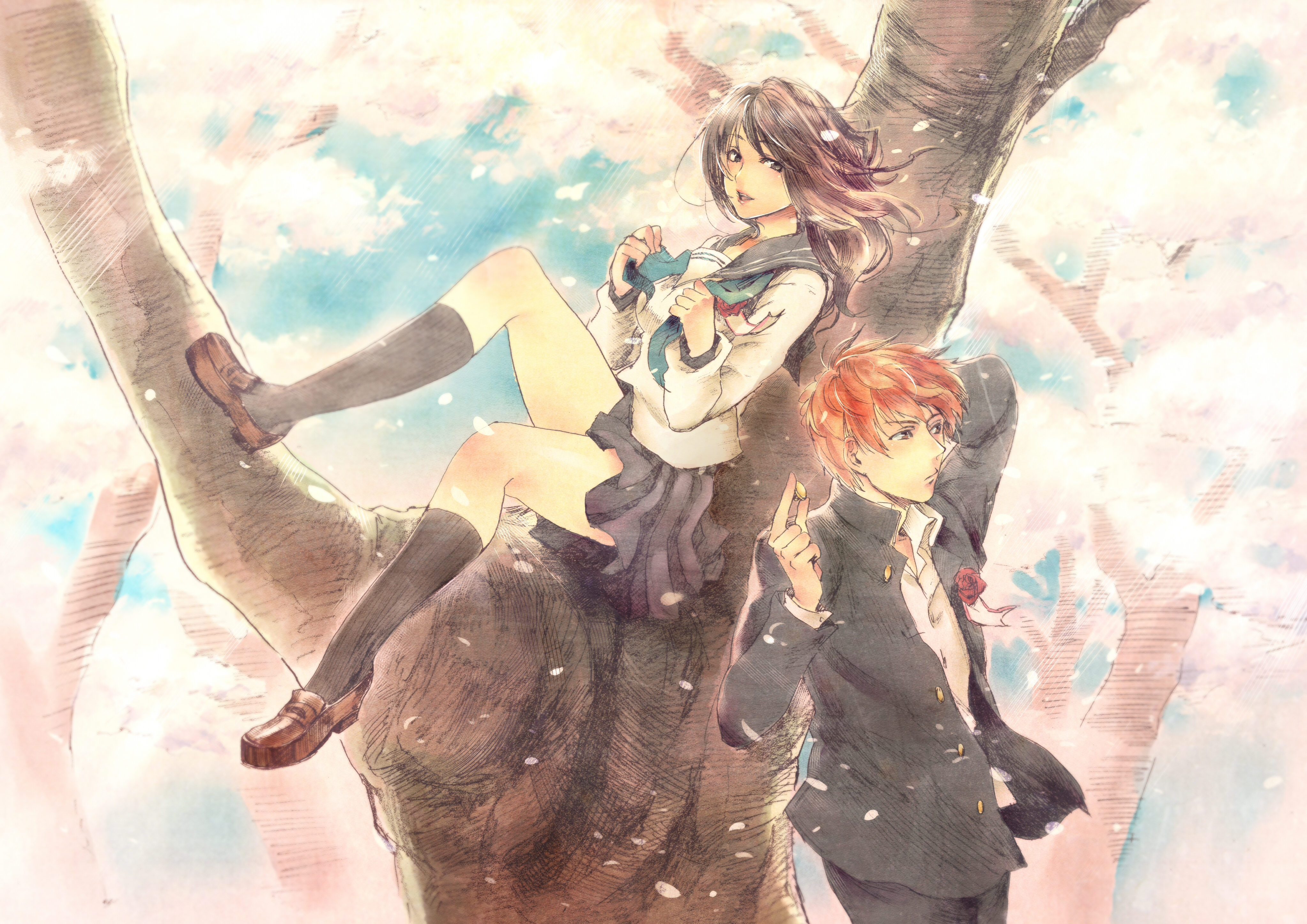 tamachi kuwa, original, absurdres, highres, arm behind head, black socks, brown hair, buttons, cherry blossoms, flower, in tree, kneehighs, long hair, open mouth, petals, red hair, school uniform, serafuku, short hair, sitting, sitting in tree, skirt, socks, sunlight, tree, untying