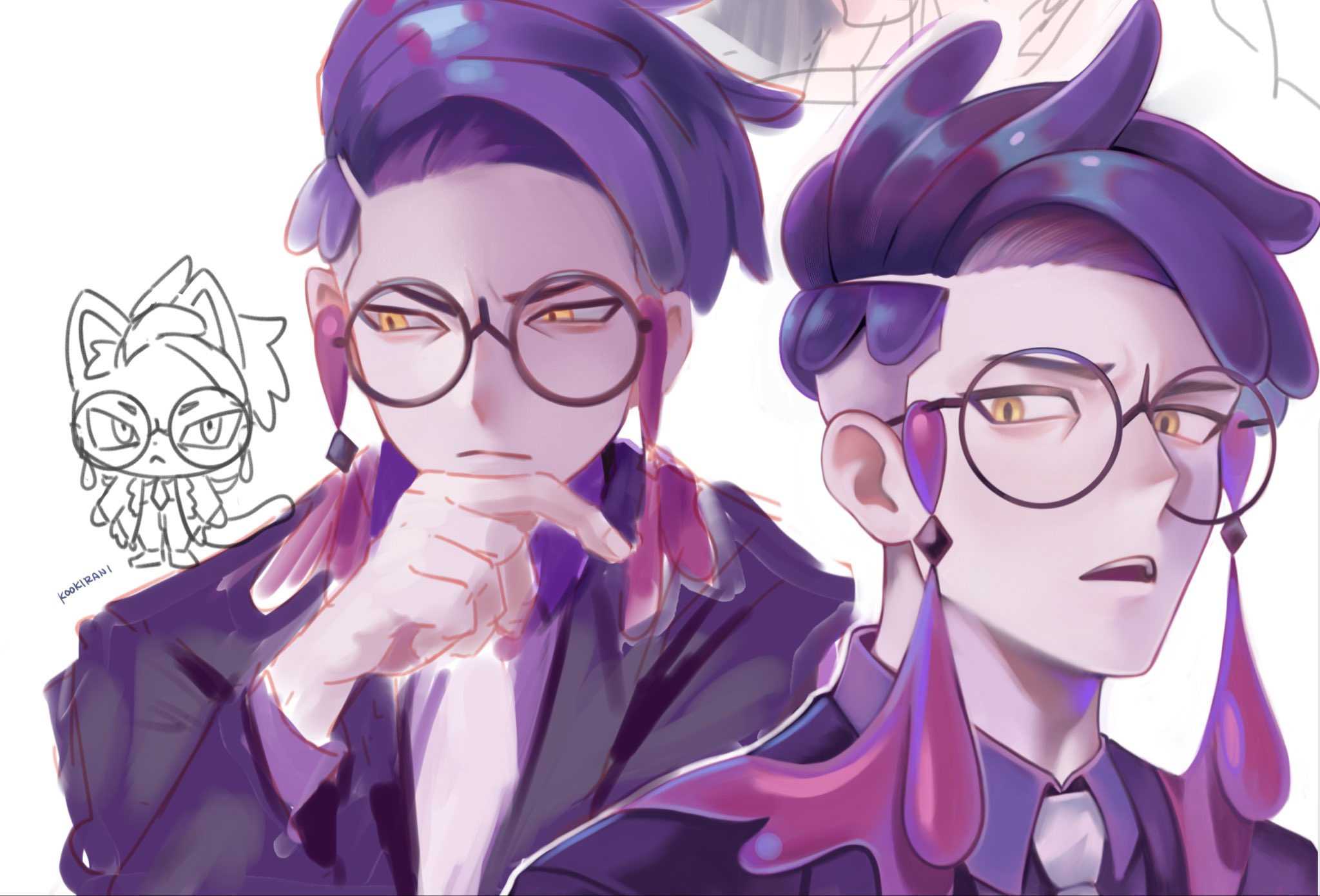 kookirani, corbeau (pokemon), nintendo, pokemon, pokemon legends: z-a, highres, chibi, collared shirt, eyewear strap, glasses, long sleeves, male focus, multiple views, necktie, orange eyes, purple hair, purple shirt, round eyewear, shirt, short hair, sideburns, undercut, white necktie