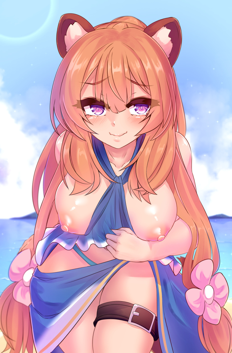 kazukoto, raphtalia, tate no yuusha no nariagari, commentary, highres, 1girl, animal ears, belt, bikini, blue bikini, blue sarong, blue sky, breasts, breasts out, closed mouth, cowboy shot, flower, hair flower, hair ornament, large breasts, long hair, looking at viewer, nipples, orange hair, pink flower, purple eyes, raccoon ears, raccoon girl, sarong, sky, smile, solo, swimsuit, thigh belt, thigh strap