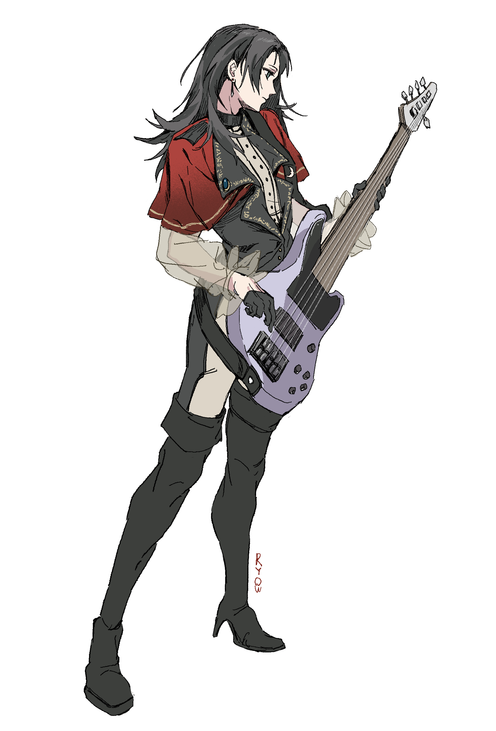 ryow 6, timoris (bang dream!), yahata umiri, bang dream!, bang dream! it's mygo!!!!!, absurdres, chinese commentary, commentary request, highres, 1girl, 5-string bass guitar, artist name, bass guitar, black boots, black gloves, black hair, black pants, boots, capelet, closed mouth, earrings, extended range bass guitar, gloves, high heel boots, high heels, holding, holding bass guitar, holding instrument, instrument, jewelry, long hair, pants, red capelet, see-through clothes, see-through sleeves, simple background, solo, thigh boots, two-tone pants, white background, white pants