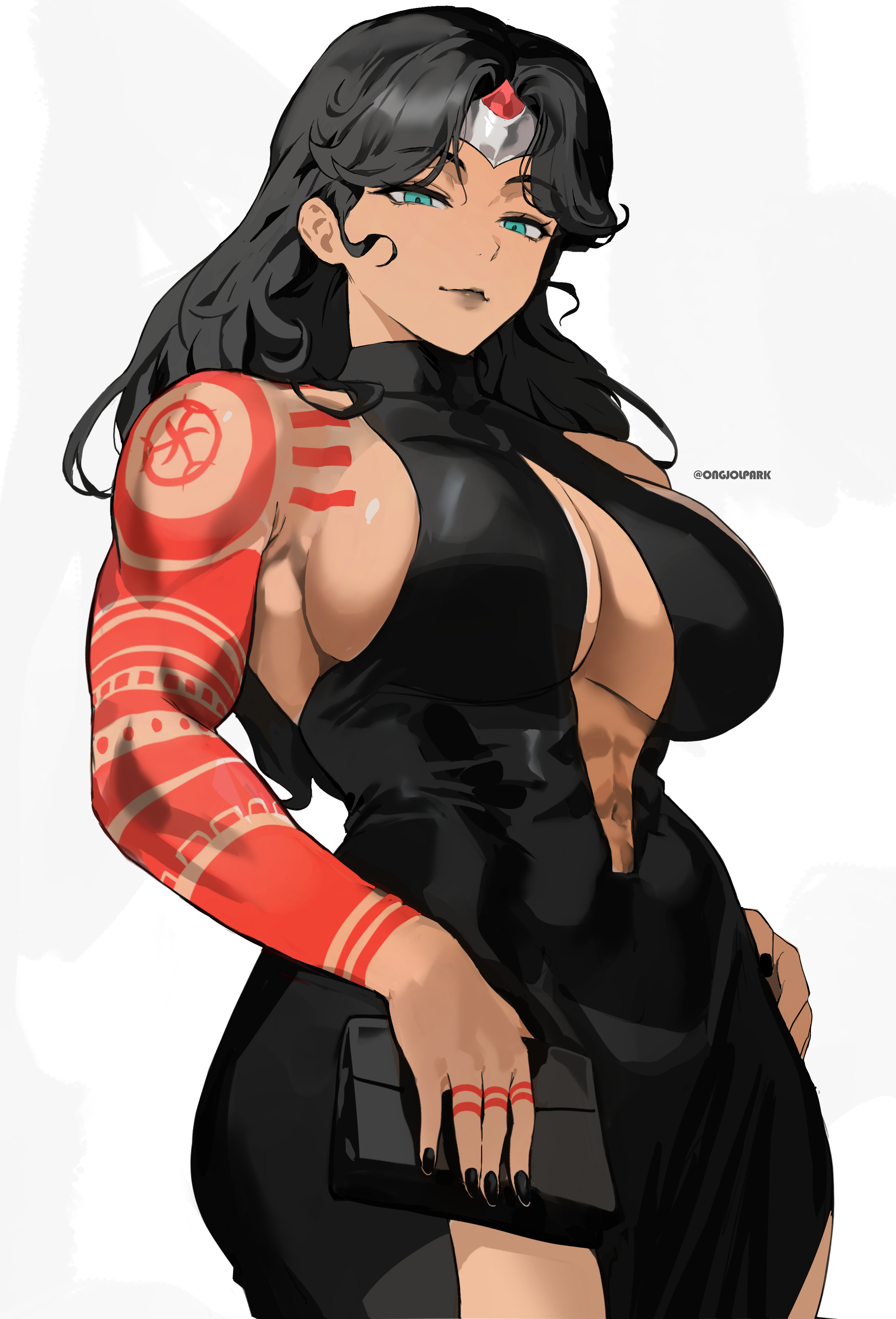 park ongjol, wonder woman, dc comics, wonder woman (series), absurdres, commentary, english commentary, highres, 1girl, abs, arm tattoo, artist name, bag, bare shoulders, biceps, black dress, black hair, black lips, black nails, blue eyes, breasts, center opening, cleavage, dress, holding, holding bag, large breasts, long hair, looking at viewer, muscular, muscular female, sideboob, solo, tattoo, thighs, tiara, tight clothes, tight dress