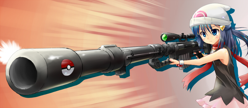 tenjou ryuka, dawn (pokemon), nintendo, pokemon, pokemon dppt, 00s, 1girl, anti-materiel rifle, beanie, blue eyes, blue hair, bolt action, cheytac m-200 intervention, cheytac m200, female focus, foreshortening, gun, hat, holding, matching hair/eyes, poke ball, poke ball theme, rifle, scarf, scope, sniper rifle, solo, weapon