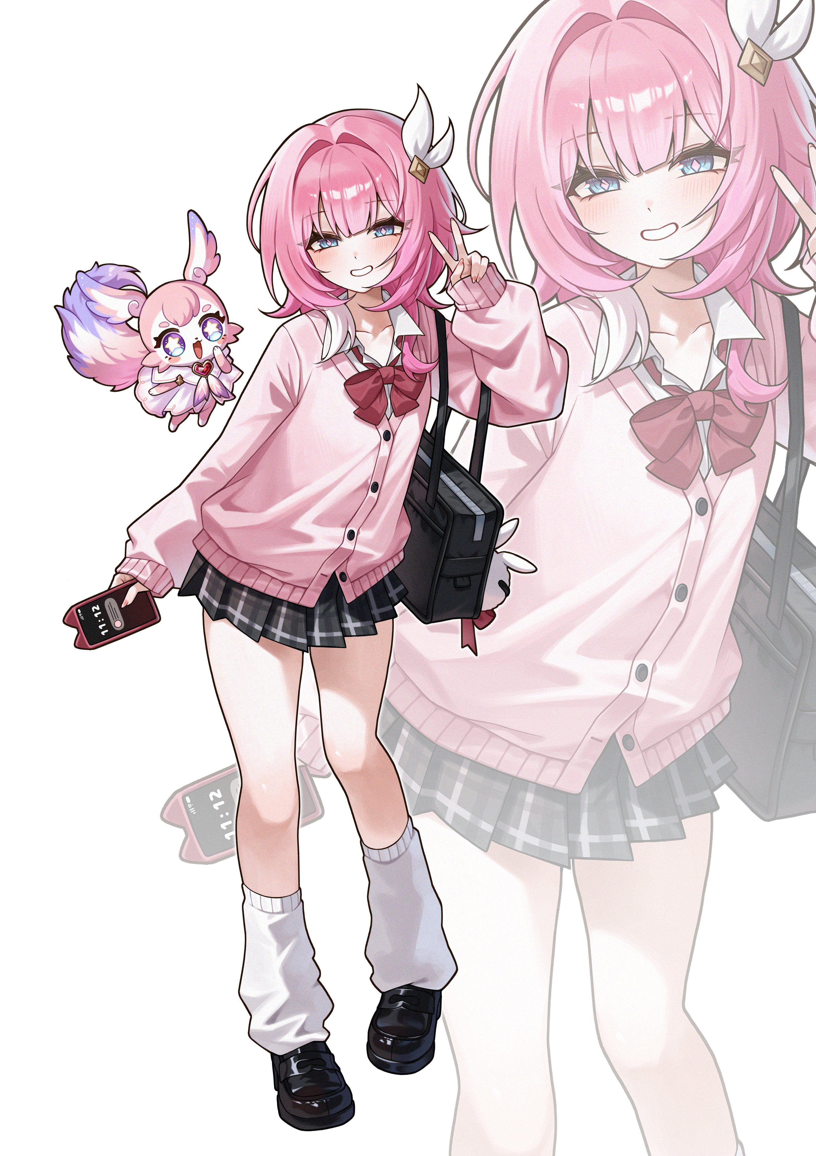 nhom (woogi), cyrene (honkai: star rail), cyrene (philia093) (honkai: star rail), mem (honkai: star rail), honkai: star rail, honkai (series), absurdres, commentary, highres, 1girl, alternate costume, bag, black shoes, black skirt, blue eyes, holding, holding phone, leg warmers, looking at viewer, miniskirt, multicolored hair, phone, pink hair, pink sweater, school bag, school uniform, shoes, short hair, simple background, skirt, star-shaped pupils, star (symbol), sweater, symbol-shaped pupils, two-tone hair, white hair, white leg warmers