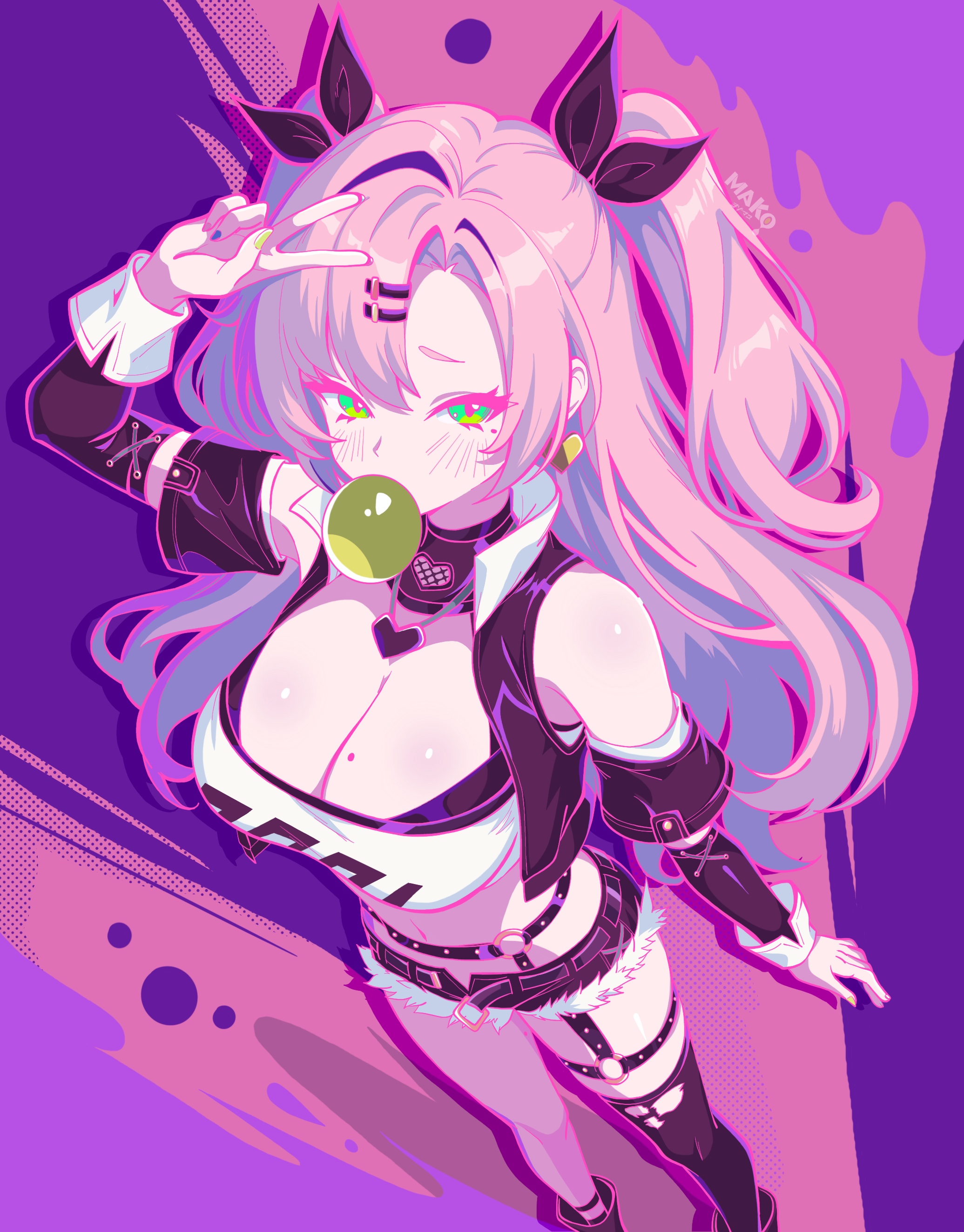 kurimako, nicole demara, zenless zone zero, absurdres, commentary, commentary request, english commentary, highres, mixed-language commentary, 1girl, arm up, bare shoulders, black jacket, black ribbon, black shorts, black thighhighs, blowing bubble gum, blush, breasts, chewing gum, cleavage, cropped shirt, detached sleeves, earrings, feet out of frame, from above, green eyes, hair ornament, hair ribbon, hairclip, heart, heart earrings, heart necklace, jacket, jewelry, large breasts, long hair, looking at viewer, mole, mole on breast, mole under eye, necklace, open clothes, open jacket, parallel hairclips, parted bangs, pink background, pink hair, purple background, ribbon, shirt, short shorts, shorts, single thighhigh, sleeveless, sleeveless jacket, solo, standing, thighhighs, torn clothes, torn thighhighs, two-tone background, two side up, v, v over head, white shirt