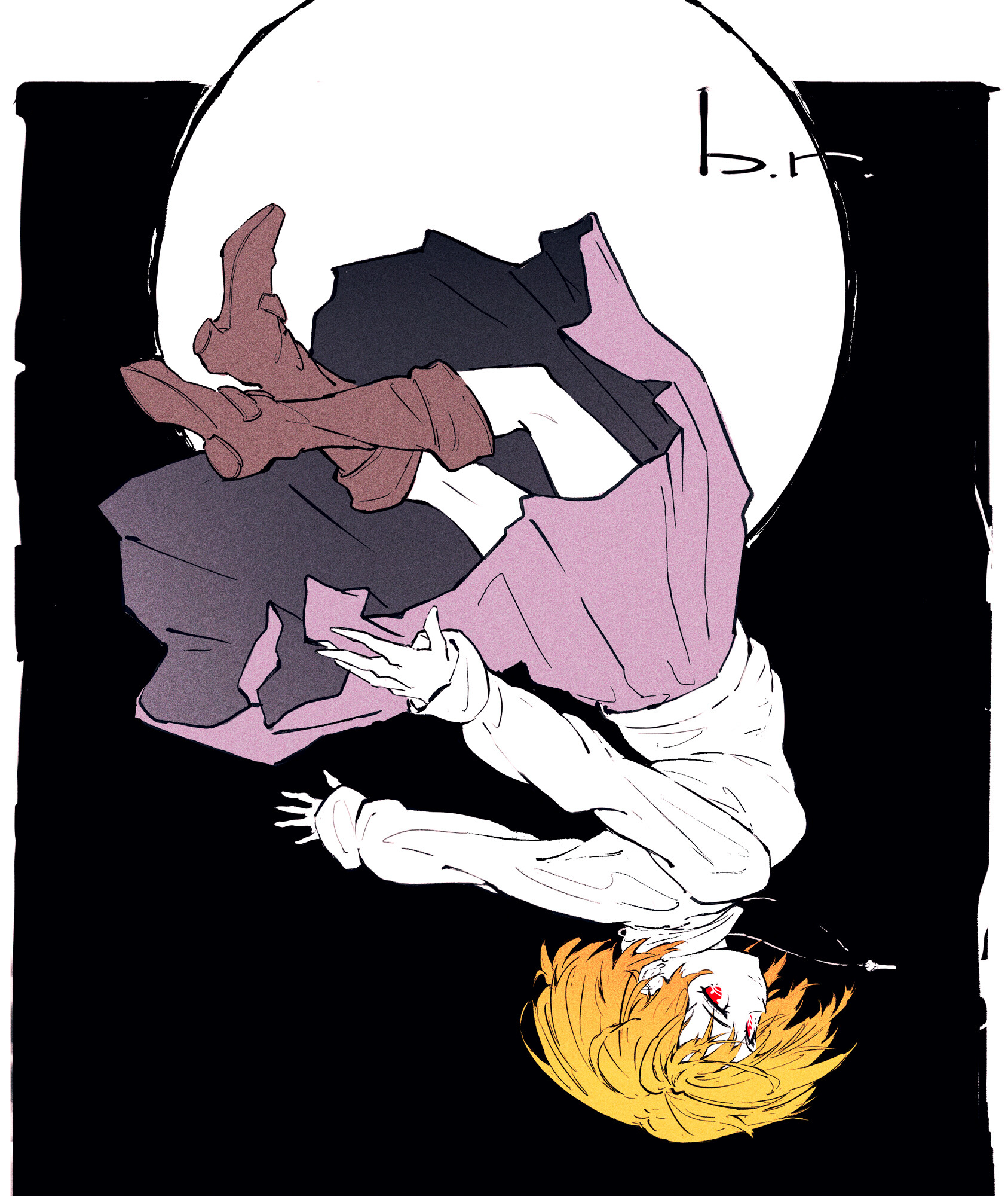 rockmor, arcueid brunestud, tsukihime, tsukihime (remake), highres, 1girl, blonde hair, boots, breasts, brown boots, initial, jewelry, large breasts, long skirt, long sleeves, looking at viewer, red eyes, short hair, skirt, smile, solo, sweater, turtleneck, turtleneck sweater, upside-down