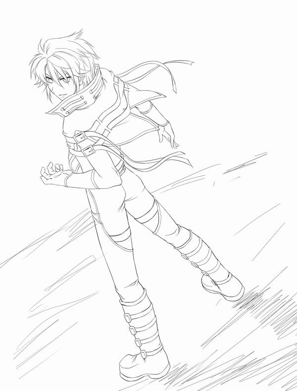 riyan, folka albark, banpresto, super robot wars, super robot wars original generation, super robot wars original generation gaiden, 1boy, belt, boots, buckle, capelet, dutch angle, from behind, full body, furrowed brow, gloves, greyscale, knee boots, lineart, looking at viewer, looking back, male focus, monochrome, pants, parted lips, smile, solo, standing