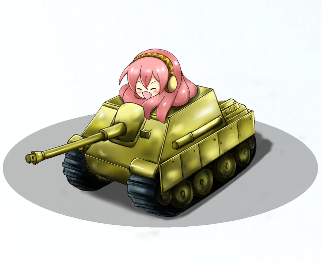 kus, megurine luka, takoluka, vocaloid, tank destroyer, vehicle, bad id, bad pixiv id, 1girl, caterpillar tracks, closed eyes, female focus, military, military vehicle, motor vehicle, solo, tank, turretless tank