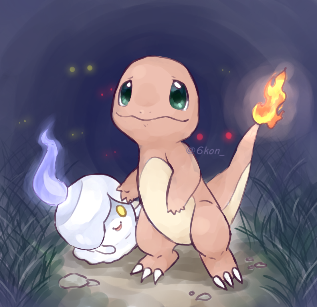 erminetail, charmander, litwick, nintendo, pokemon, commentary request, claws, closed mouth, dark, fire, flame-tipped tail, full body, gen 1 pokemon, gen 5 pokemon, green eyes, night, no humans, outdoors, pokemon (creature), tail, twitter username, yellow eyes