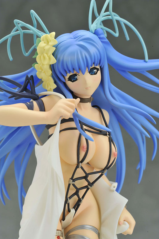 photo (medium), 1girl, blue hair, breasts, cleavage, female focus, figure, nipples, solid theater roped, solo