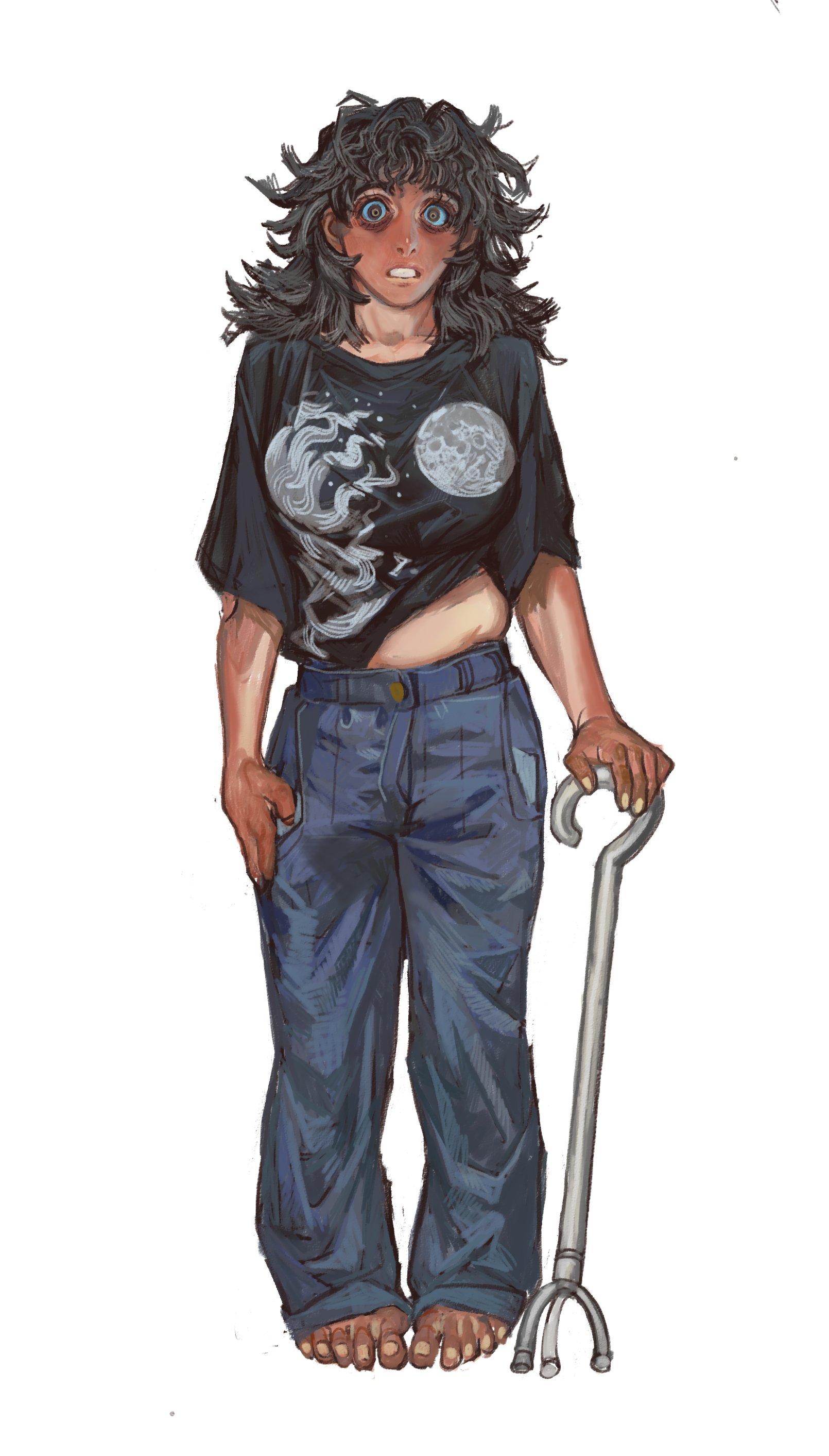 mossacannibalis, absurdres, commentary, highres, 1girl, barefoot, black hair, black shirt, brown eyes, cane, denim, full body, holding, holding cane, jeans, long hair, look outside, looking at viewer, messy hair, midriff peek, open mouth, pants, shirt, simple background, standing, surprised, sybil (look outside), tachi-e, white background