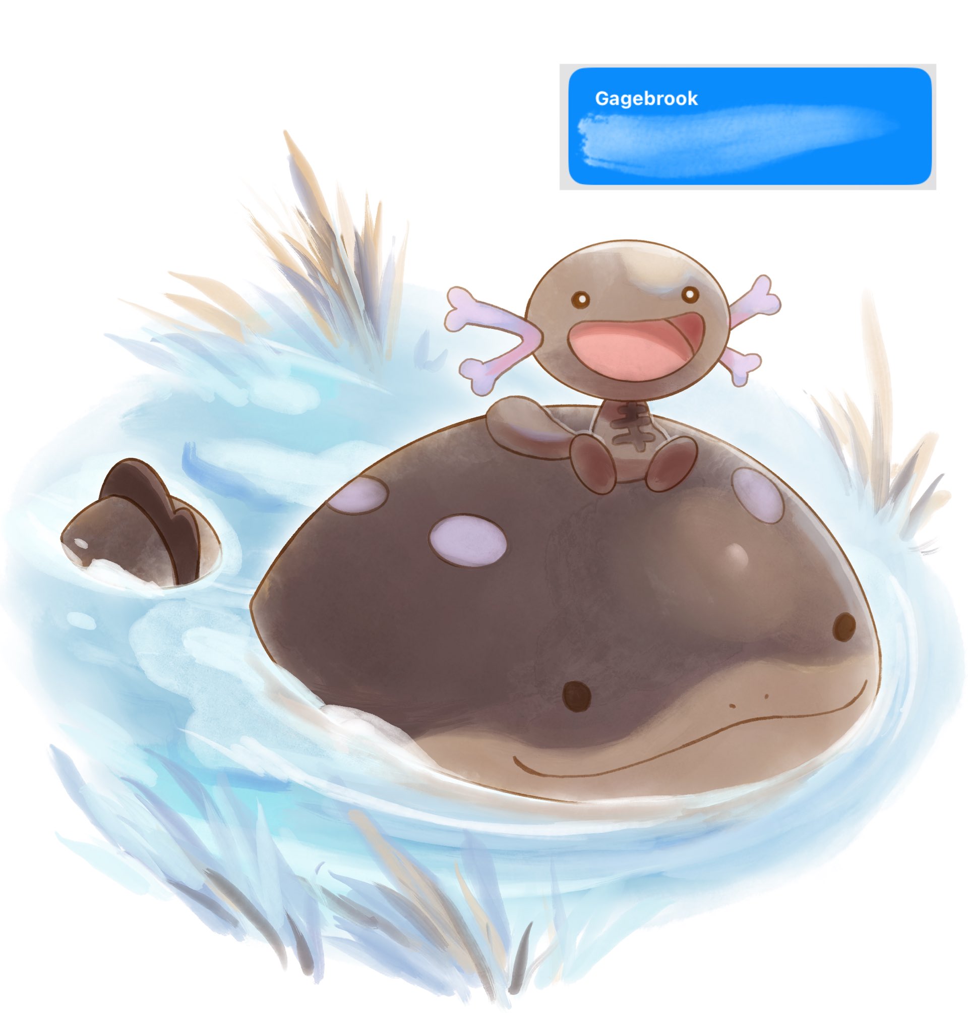 kookirani, clodsire, paldean wooper, nintendo, pokemon, commentary, english commentary, highres, procreate (medium), black eyes, bright pupils, no humans, open mouth, pokemon (creature), riding, riding pokemon, ripples, swimming, white pupils