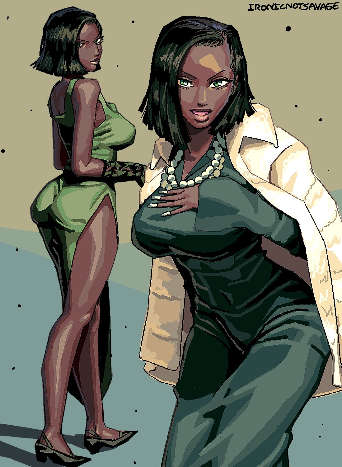 ironicnotsavage, fubuki (one-punch man), one-punch man, commentary, english commentary, highres, 1girl, alternate skin color, ass, bob cut, breasts, dark-skinned female, dark skin, darkened skin, dress, fingernails, full body, fur jacket, green dress, green eyes, green hair, hand on own chest, jacket, jacket on shoulders, jewelry, large breasts, long fingernails, long sleeves, looking at viewer, multiple necklaces, multiple views, nail polish, necklace, open mouth, pearl necklace, short hair, side slit, sleeveless, sleeveless dress, standing, very dark skin, white nails
