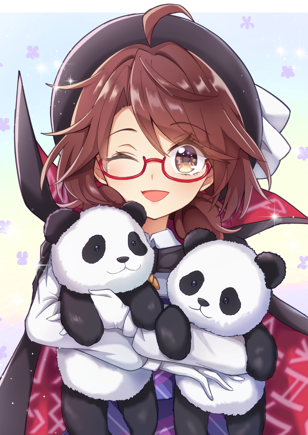 keyaki chimaki, usami sumireko, touhou, commentary request, highres, 1girl, :d, ahoge, animal, black cape, black hat, blush, brown eyes, brown hair, cape, collared shirt, glasses, gloves, hat, holding, holding animal, long sleeves, looking at viewer, open mouth, panda, parted bangs, plaid clothes, plaid vest, purple vest, red-framed eyewear, red cape, semi-rimless eyewear, shirt, short hair, smile, solo, two-sided cape, two-sided fabric, under-rim eyewear, upper body, vest, white gloves, white shirt