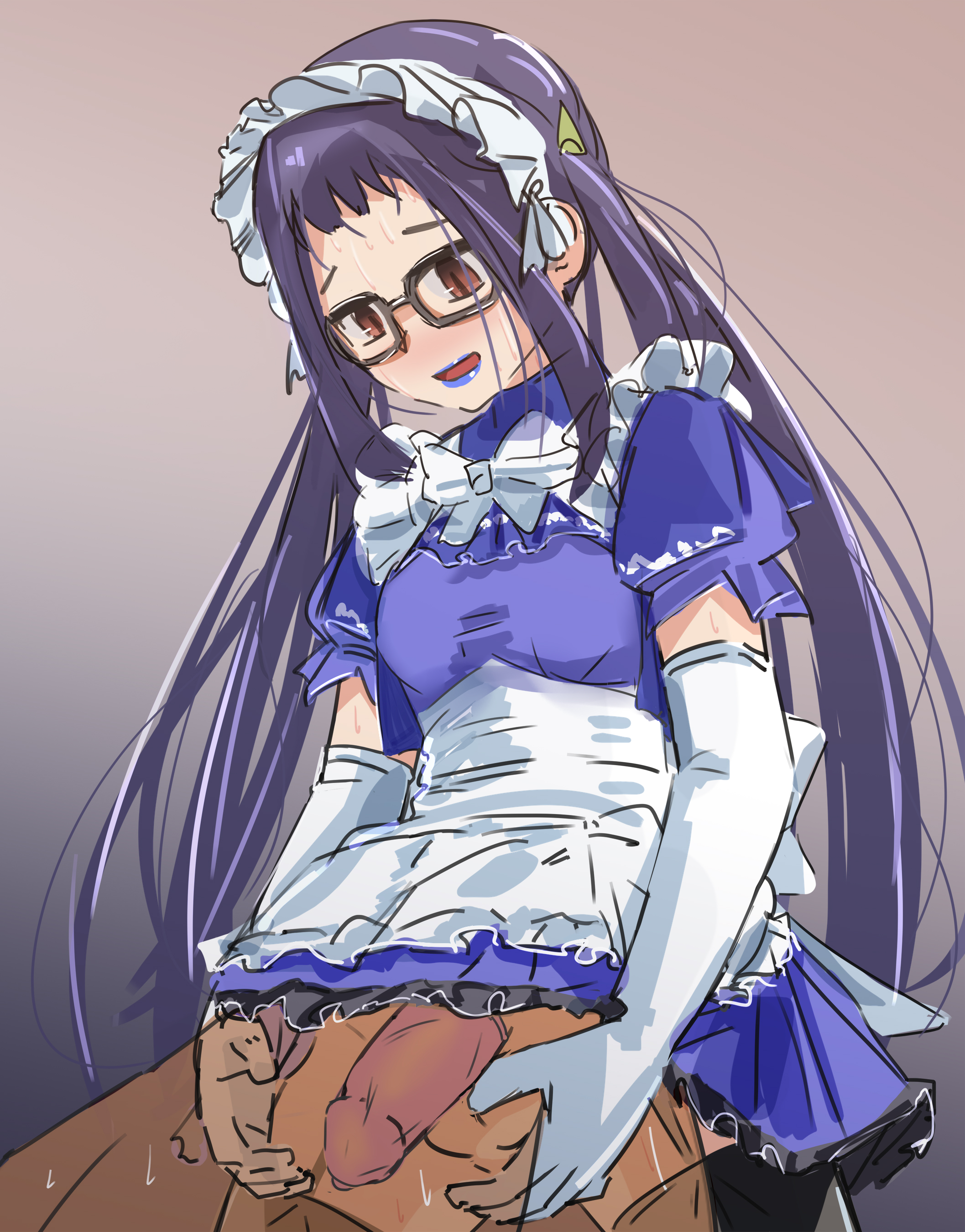 raitaroo, oogaki chiaki, yurucamp, absurdres, highres, 1boy, 1girl, anal, apron, black-framed eyewear, black thighhighs, blue lips, bow, clothed female nude male, condom, condom on penis, cosplay, dark-skinned male, dark skin, dress, elbow gloves, frilled apron, frills, futa with female, futa with male, futanari, glasses, gloves, hands on another's hips, lipstick, long hair, looking down, maid, maid apron, maid headdress, makeup, nude, open mouth, penis, purple hair, sex, sex from behind, short hair, simple background, sweat, testicles, thighhighs, twintails, white apron, white bow, white gloves, x-ray