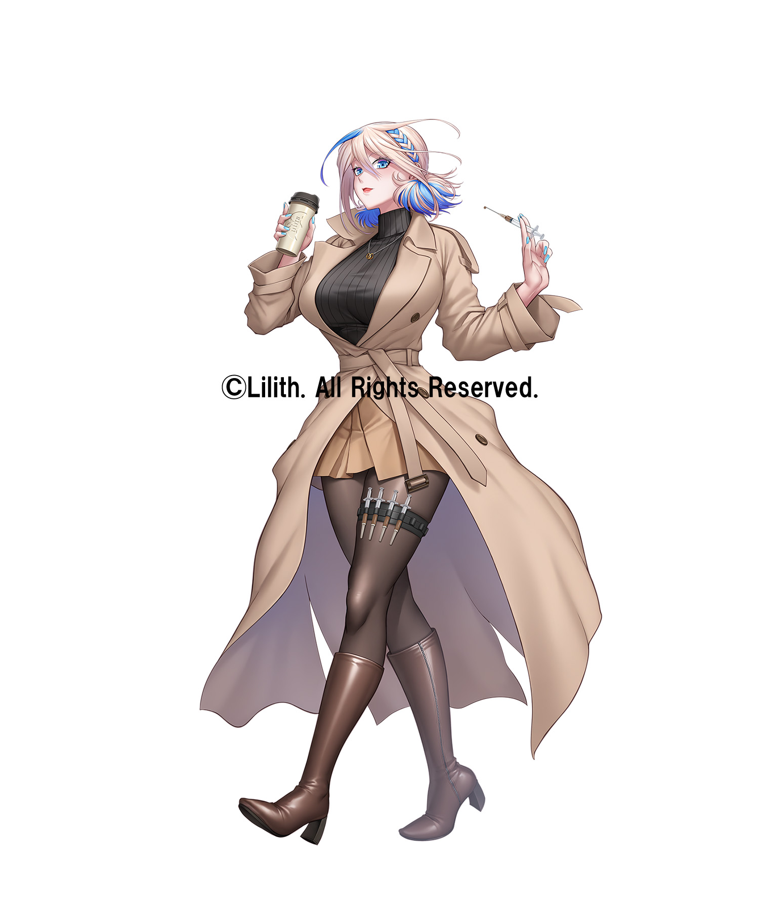 zol, lilith-soft, taimanin (series), taimanin rpgx, 1girl, blonde hair, breasts, drink, full body, holding, holding drink, large breasts, looking at viewer, multicolored hair, short hair, simple background, solo, two-tone hair, wide hips