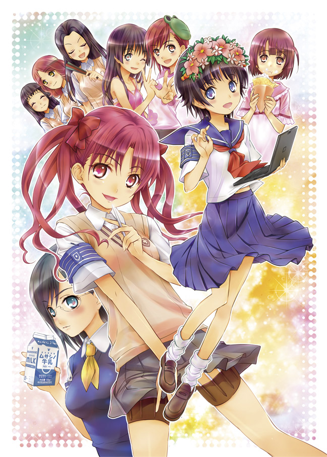 iizuka ena, awatsuki maaya, haruue erii, kongou mitsuko, konori mii, misaka mikoto, saten ruiko, shirai kuroko, uiharu kazari, wannai kinuho, toaru kagaku no railgun, toaru majutsu no index, bad id, bad pixiv id, 6+girls, armband, blue armband, casual, computer, computer keyboard, crepe, female focus, flower, folding fan, food, hand fan, laptop, milk, multiple girls, school uniform, serafuku, thigh strap