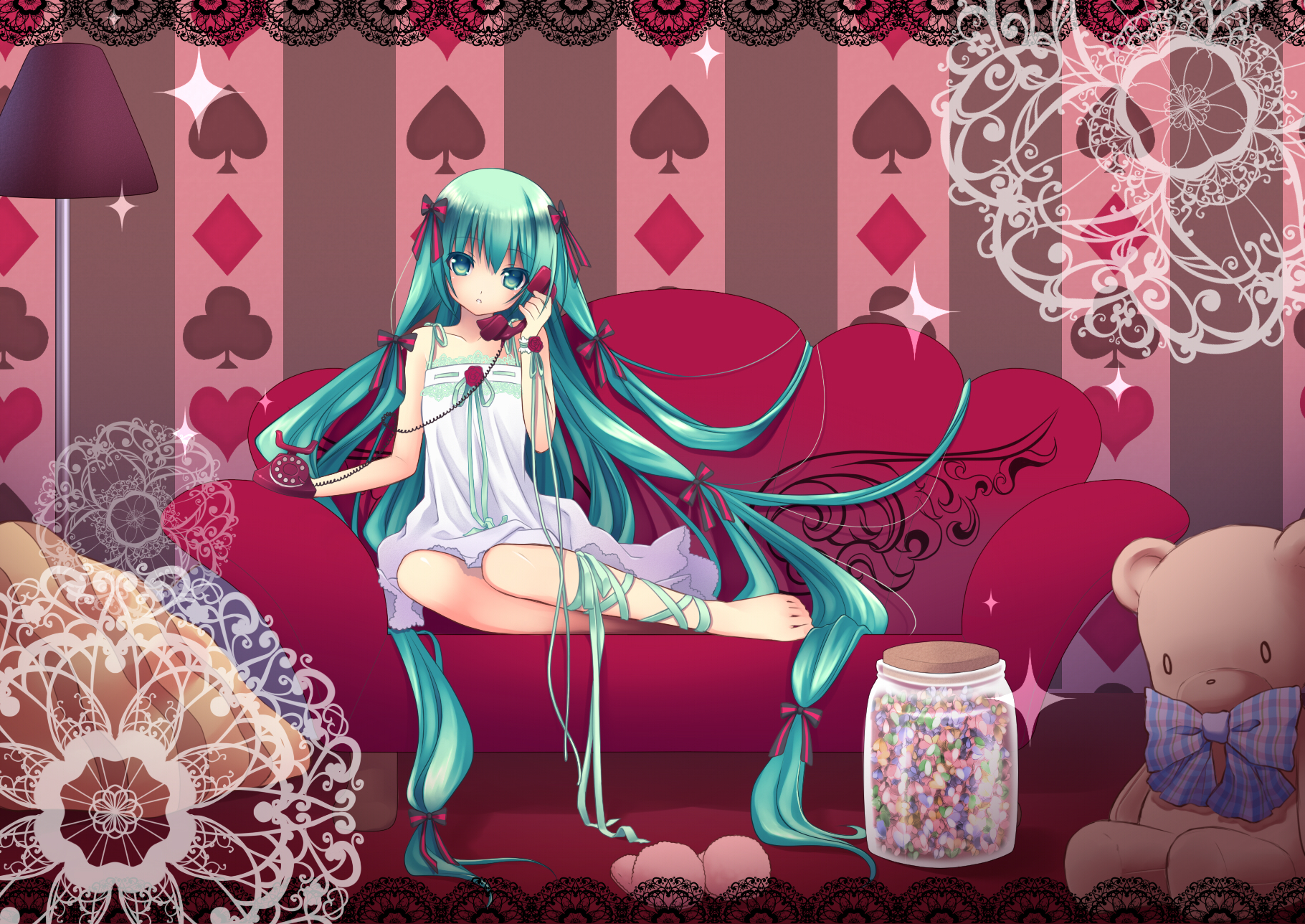 nana mikoto, hatsune miku, vocaloid, highres, 1girl, aqua eyes, aqua hair, bare shoulders, barefoot, bow, camisole, candy, card, clubs, colored eyelashes, corded phone, couch, diamond (gemstone), diamond (shape), eyelashes, female focus, food, hair bow, hair down, hair ribbon, heart, indoors, jar, konpeitou, lamp, leg ribbon, long hair, phone, playing card, ribbon, sitting, slippers, solo, spade, stuffed animal, stuffed toy, teddy bear, very long hair