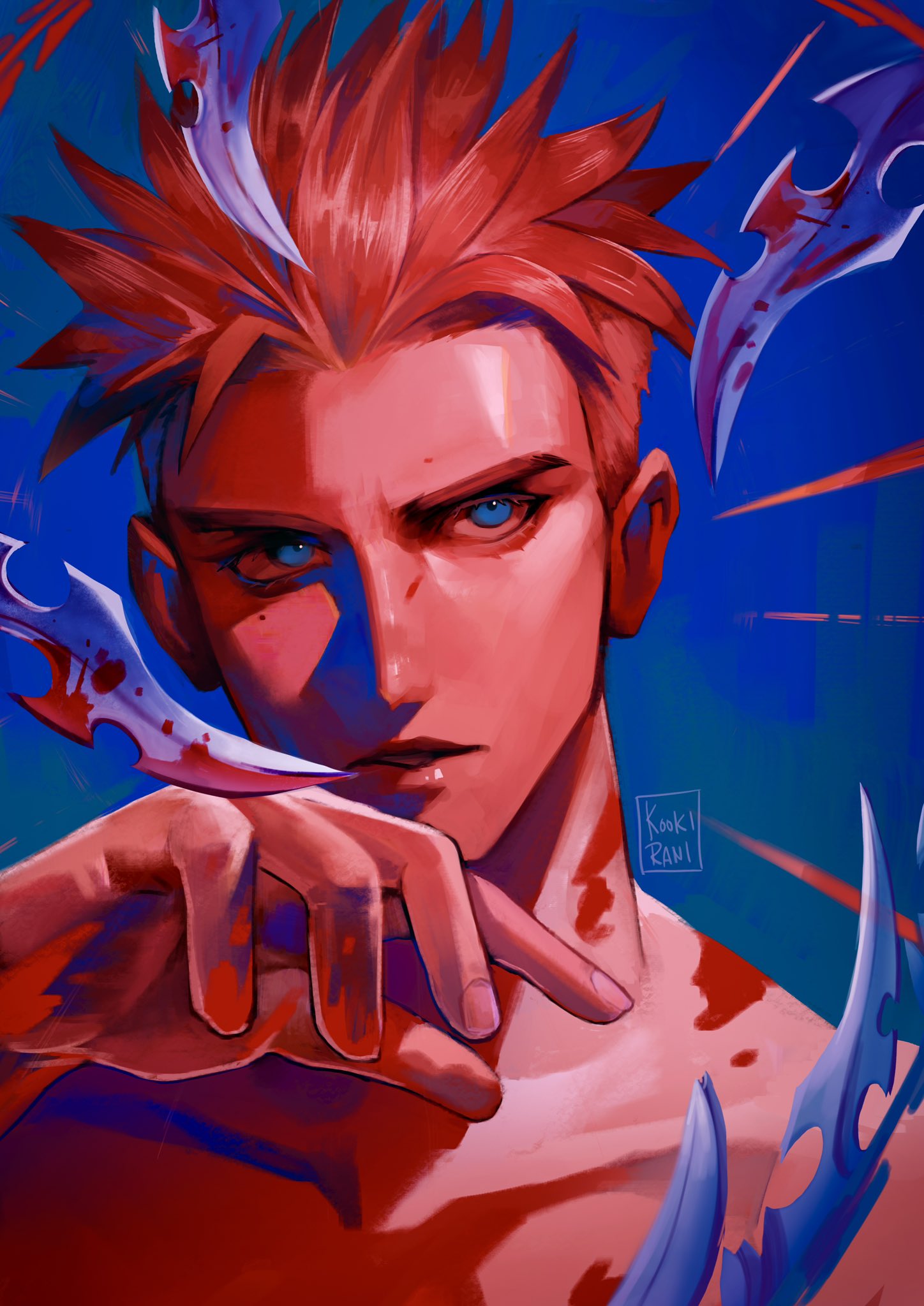 kookirani, millions knives, trigun, trigun stampede, commentary, hashtag-only commentary, highres, 1boy, blood, blood on neck, bloody weapon, blue eyes, collarbone, eyelashes, knife, looking at viewer, male focus, parted lips, short hair, solo, spiked hair, upper body, weapon