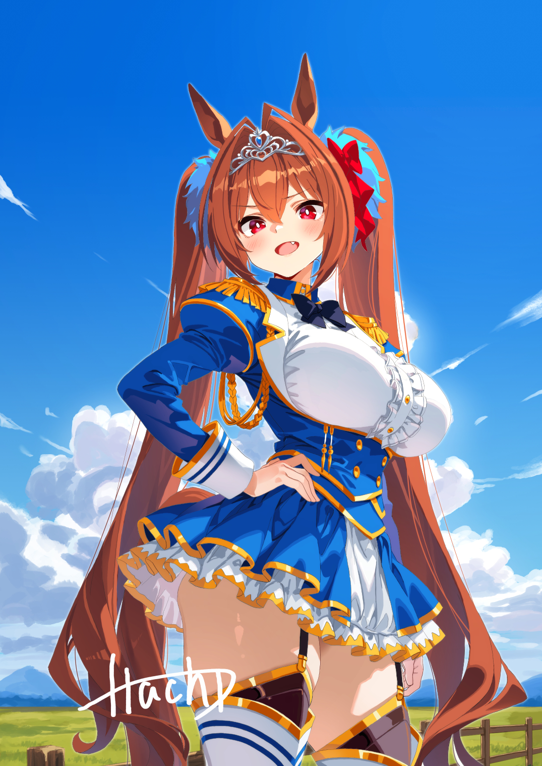 itacha (artist), daiwa scarlet (peak blue) (umamusume), daiwa scarlet (umamusume), umamusume, commentary request, highres, 1girl, animal ears, antenna hair, black bow, black bowtie, black thighhighs, blue dress, blue sky, blush, boots, bow, bowtie, breasts, brown hair, center frills, cloud, cloudy sky, day, dress, epaulettes, fang, framed breasts, frilled dress, frills, gold trim, hair bow, hair intakes, hair ornament, hand on own hip, horse ears, horse girl, horse tail, juliet sleeves, large breasts, long hair, long sleeves, looking at viewer, open mouth, outdoors, puffy sleeves, red bow, red eyes, skindentation, sky, smile, solo, tail, thick thighs, thigh boots, thighhighs, thighs, twintails, very long hair, white boots