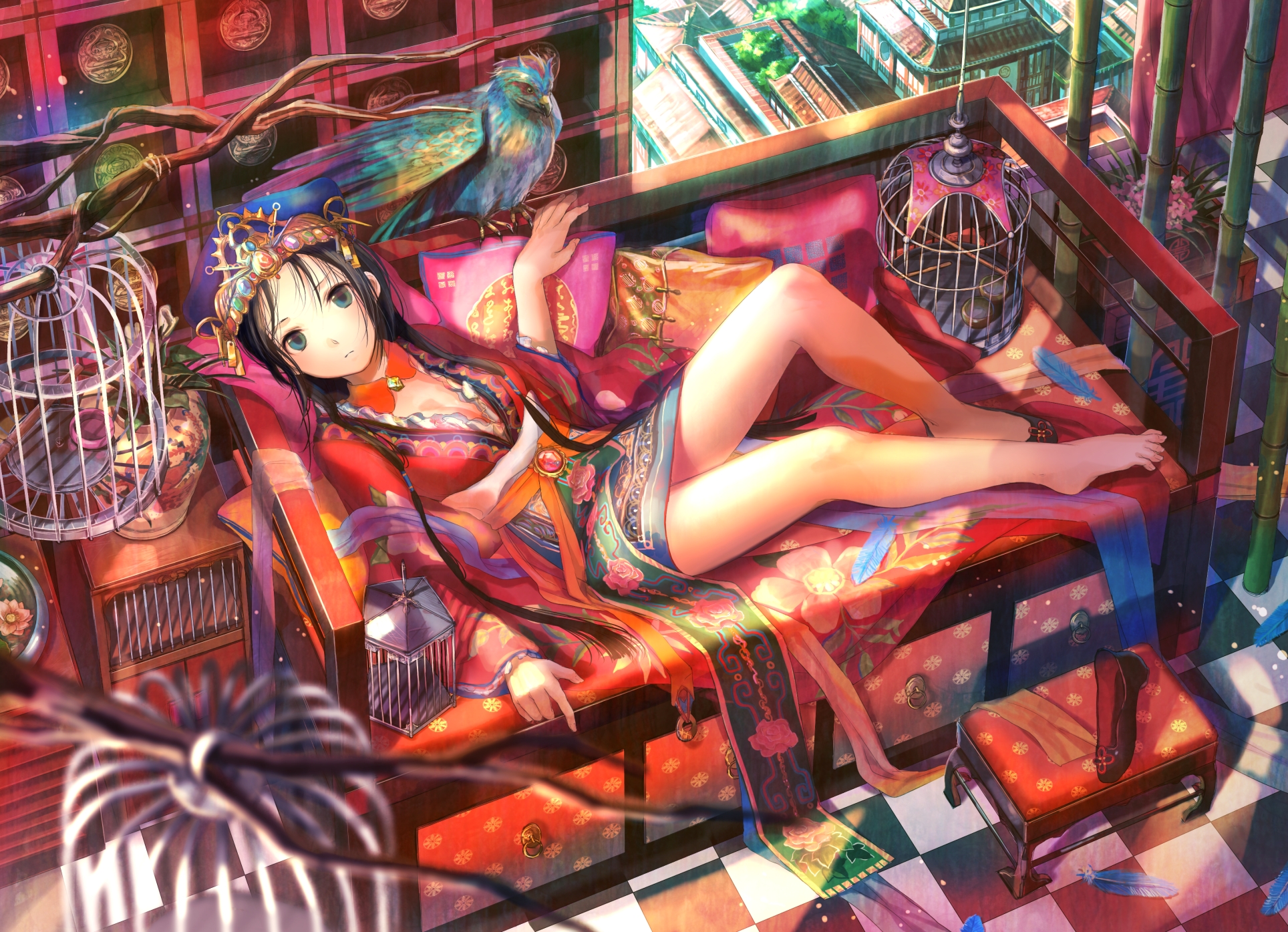 fuzichoco, original, highres, 1girl, bamboo, barefoot, bird, birdcage, black hair, blue eyes, blurry, branch, breasts, cage, chinese clothes, cleavage, couch, crown, depth of field, feathers, feet, female focus, flower, footstool, hanging, hat, legs, long hair, lying, medium breasts, no socks, on back, pillow, shoes, single shoe, solo, toes, vase