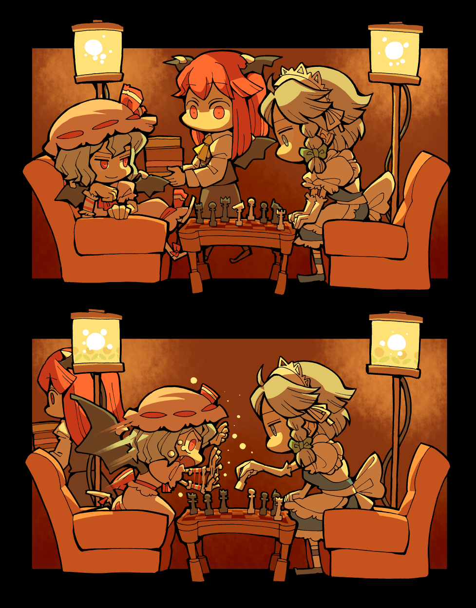 hounori, izayoi sakuya, koakuma, remilia scarlet, embodiment of scarlet devil, touhou, silver hair, highres, md5 mismatch, 3girls, bat wings, blue eyes, board game, book, braid, chess, constricted pupils, female focus, hat, head wings, multiple girls, red eyes, red hair, short hair, wings