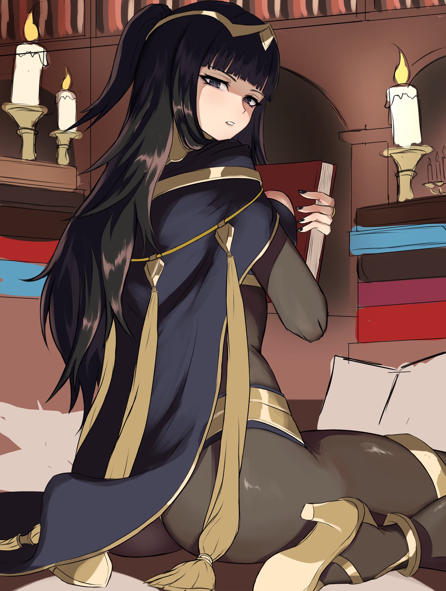 fgsketch, tharja (fire emblem), fire emblem, fire emblem awakening, nintendo, black bodystocking, highres, unfinished, 1girl, ass, black hair, black nails, blue cape, bodystocking, breast press, breasts, candle, candlestand, cape, fingernails, from behind, high heels, holding, indoors, jewelry, kneeling, large breasts, long hair, looking at viewer, looking back, nail polish, purple eyes, ring, sitting, solo, thick thighs, thighs, tiara, wariza