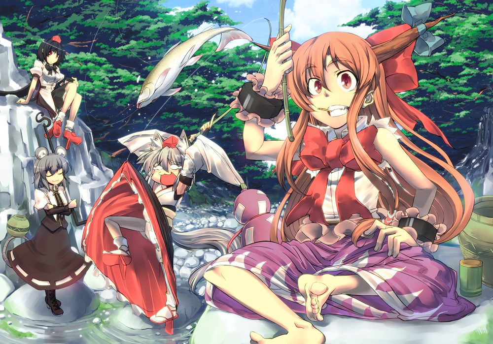 hidori (hibi toridori), ibuki suika, inubashiri momiji, nazrin, shameimaru aya, touhou, 4girls, alternate costume, animal ears, barefoot, black hair, black wings, boots, bow, brown hair, clothes lift, detached sleeves, feet, female focus, fishing, fishing rod, geta, grey hair, hat, holding, holding fishing rod, horns, long hair, mouse ears, mouse tail, multiple girls, open mouth, orange hair, red eyes, short hair, skirt, skirt lift, tail, tears, tengu-geta, tokin hat, wings, wolf ears, wolf tail