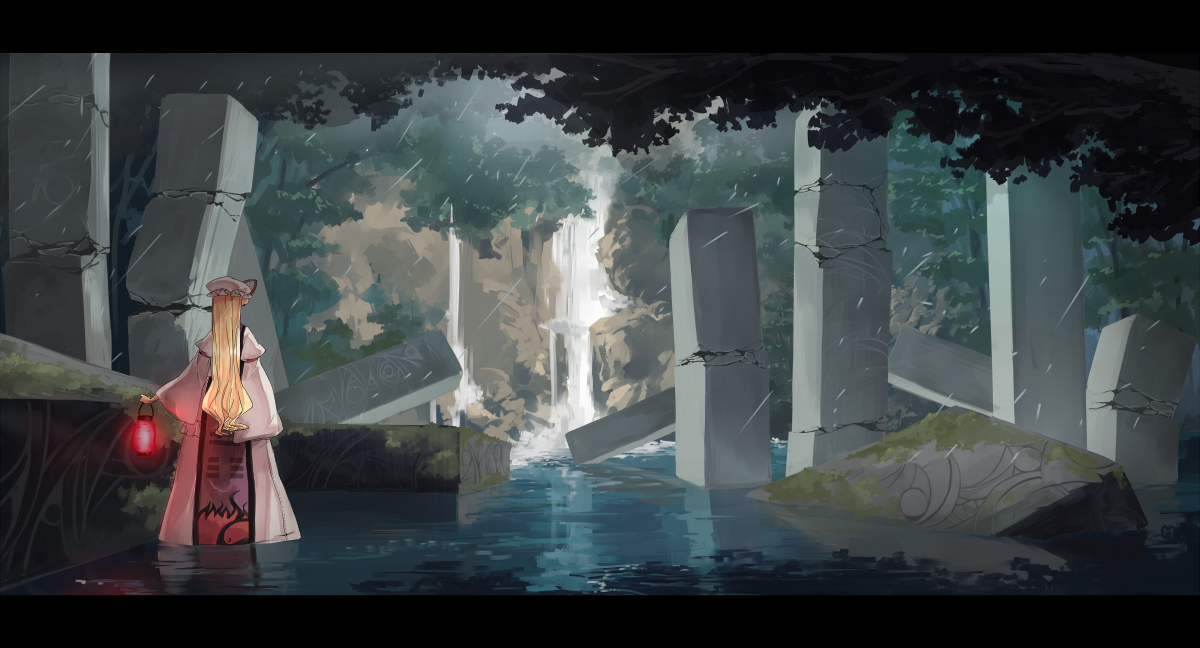garnet, yakumo yukari, touhou, 1girl, blonde hair, female focus, from behind, hat, landscape, lantern, letterboxed, long hair, nature, rain, ruins, scenery, solo, water, waterfall