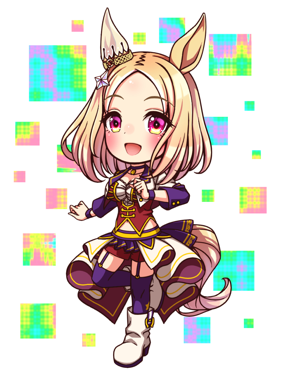 sugimotty nova, narita top road (umamusume), umamusume, commentary request, highres, 1girl, animal ears, blonde hair, blush, bodice, boots, breasts, chibi, chibi only, choker, cleavage, collarbone, corset, cropped jacket, ear covers, full body, garter straps, horse ears, horse girl, horse tail, jacket, large breasts, long sleeves, looking at viewer, medium hair, midriff peek, navel, open mouth, overskirt, pendant choker, purple choker, purple eyes, purple garter straps, purple thighhighs, red corset, red shorts, shirt, short hair, shorts, single ear cover, smile, solo, star (symbol), starting future (umamusume), tail, thighhighs, white boots, white jacket, white shirt, wristband