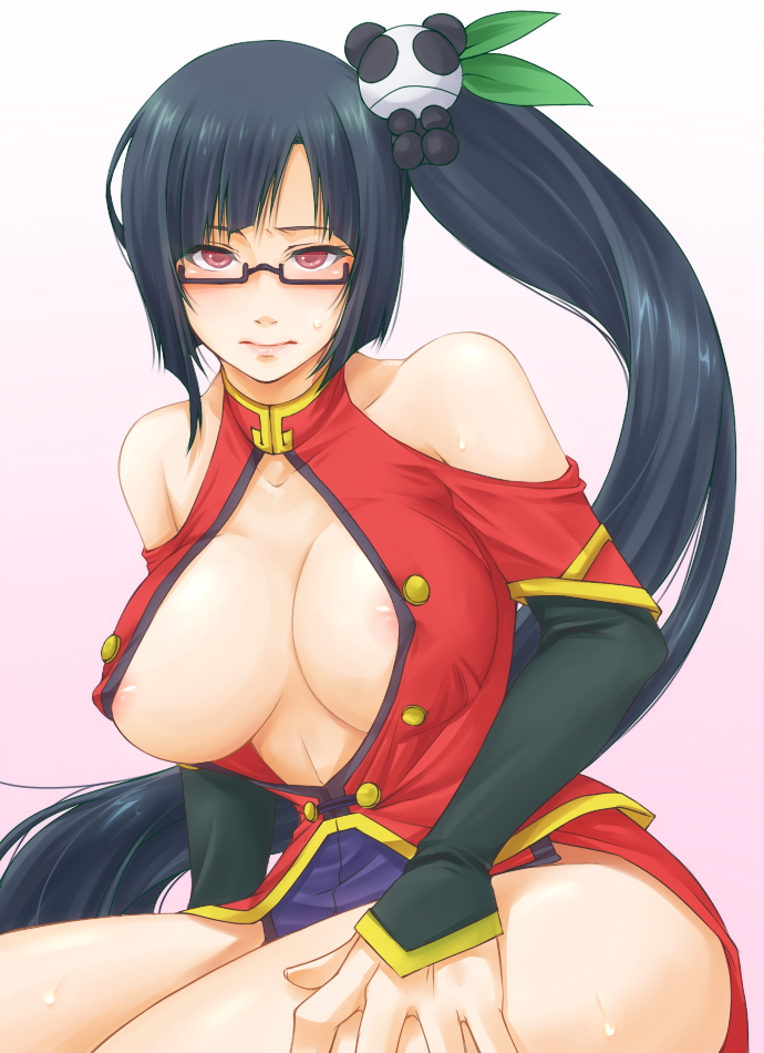 kashiwa mochi, kashiwa mochi (tsuni), lao jiu, litchi faye ling, arc system works, blazblue, blazblue: calamity trigger, 1girl, areola slip, black hair, blush, breasts, chinese clothes, cleavage, cleavage cutout, clothing cutout, female focus, glasses, hair ornament, large breasts, long hair, nipples, panda, ponytail, red eyes, solo