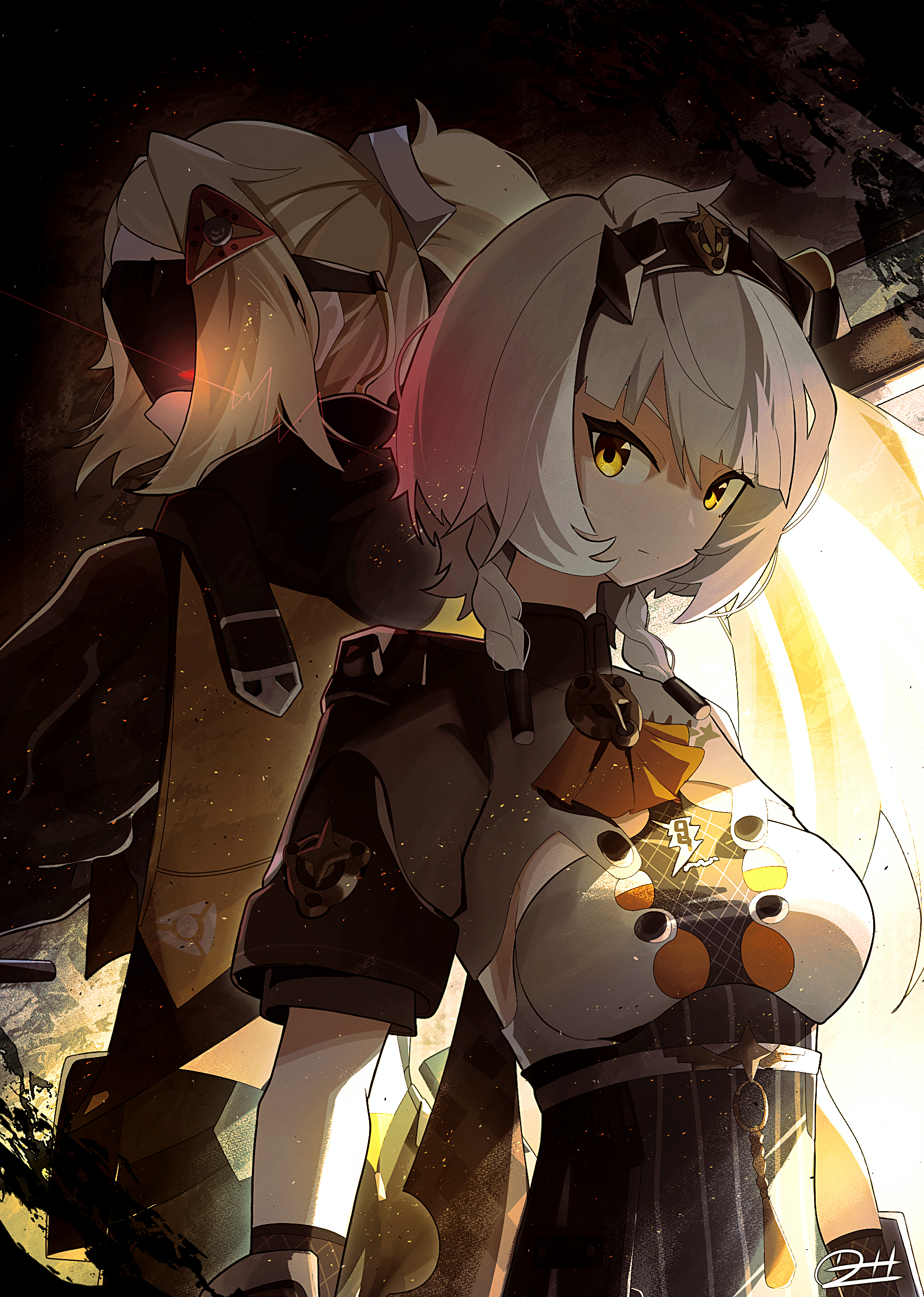 zeroartwo, anby demara, anby demara (silver soldier), trigger (zenless zone zero), zenless zone zero, absurdres, commentary, highres, symbol-only commentary, 2girls, black hairband, blindfold mask, blonde hair, braid, breasts, camouflage, closed mouth, covered eyes, fingerless gloves, gloves, grey hair, hair ornament, hairband, holding, jacket, long hair, mask, multiple girls, official alternate costume, orange eyes, ponytail, short hair, yellow eyes