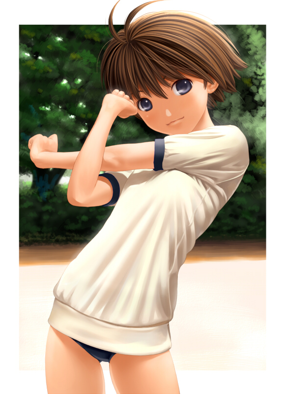 nekopuchi, kikuchi makoto, idolmaster, idolmaster (classic), 1girl, antenna hair, blue eyes, brown hair, buruma, cowboy shot, female focus, gym uniform, looking at viewer, nature, outdoors, short hair, solo, stretching