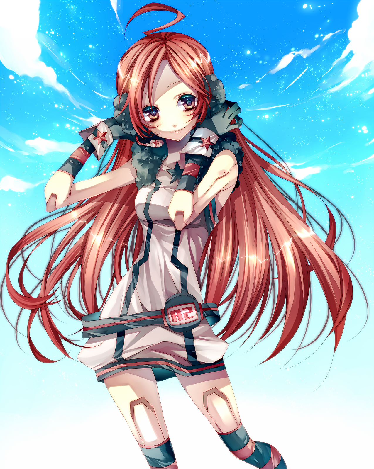 tsukioka tsukiho, sf-a2 miki, vocaloid, bad id, bad pixiv id, highres, 1girl, ahoge, android, belt, cloud, colored eyelashes, day, dress, eyelashes, female focus, gloves, headphones, headset, joints, kneehighs, long hair, outdoors, red eyes, red hair, robot joints, sky, smile, socks, solo, star (symbol), striped clothes, striped gloves, striped socks, striped thighhighs, thighhighs, very long hair, wrist cuffs
