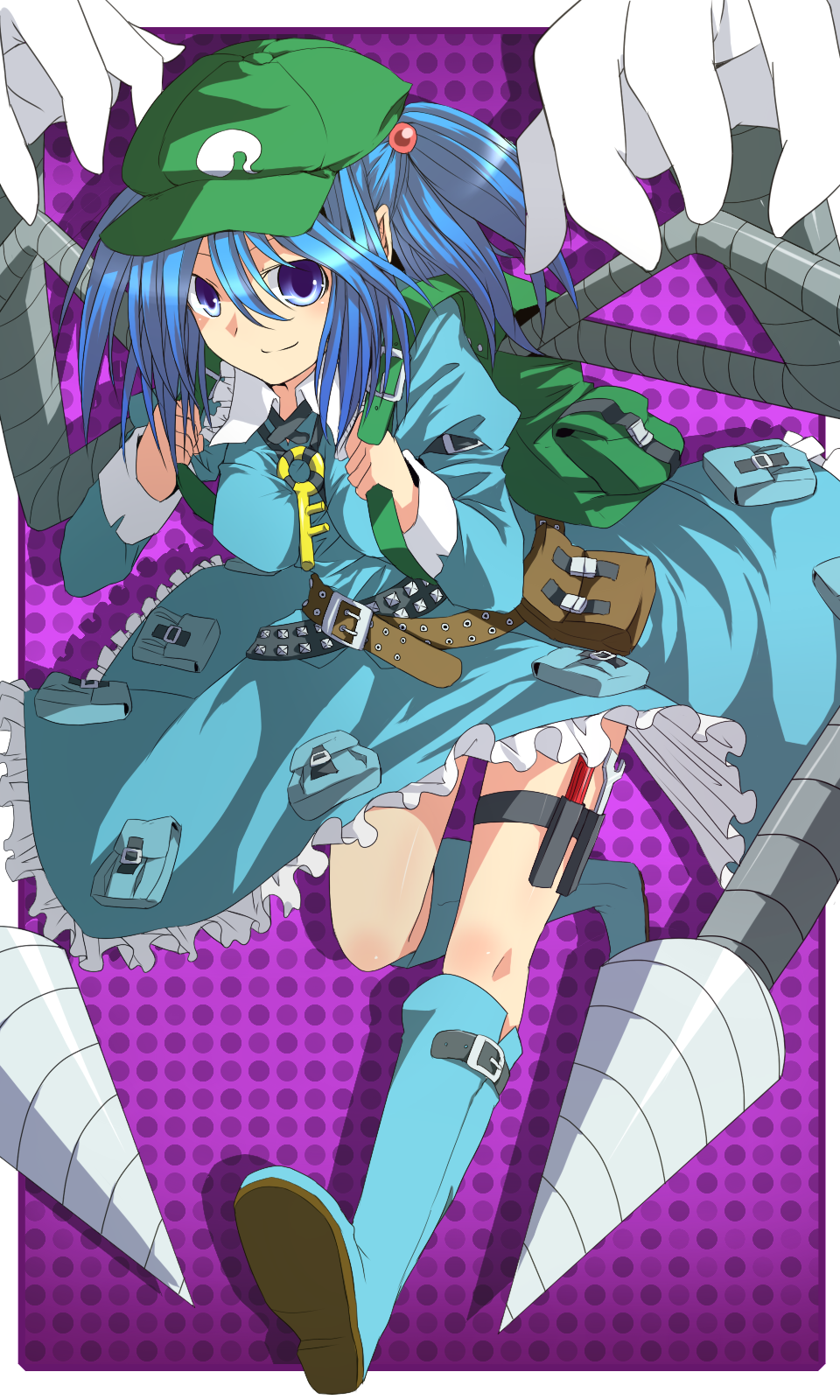 ruchi, kawashiro nitori, touhou, bad id, bad pixiv id, highres, 1girl, backpack, bag, belt, blue eyes, blue hair, boots, drill, female focus, hair bobbles, hair ornament, hat, key, matching hair/eyes, mechanical arms, pocket, randoseru, screwdriver, short hair, single mechanical arm, solo, twintails, two side up, wrench