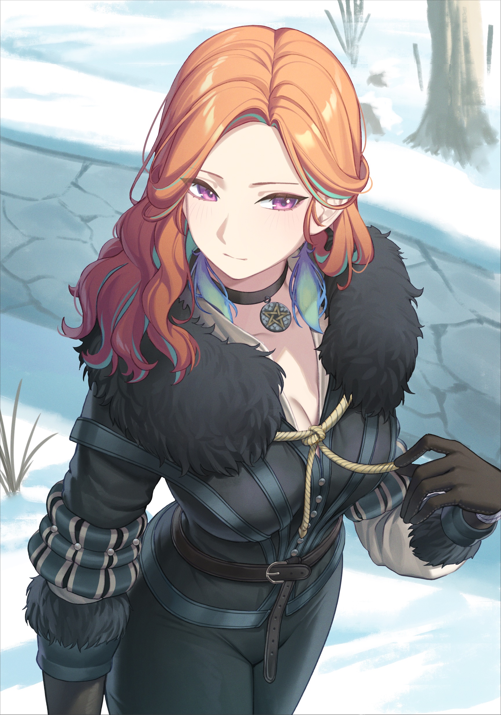 resu desu, takanashi kiara, yennefer of vengerberg, hololive, hololive english, the witcher (series), the witcher 3, absurdres, highres, 1girl, breasts, choker, cleavage, cosplay, earrings, feather earrings, feathers, fur trim, gloves, jewelry, long hair, orange hair, purple eyes, solo, virtual youtuber, yennefer of vengerberg (cosplay)