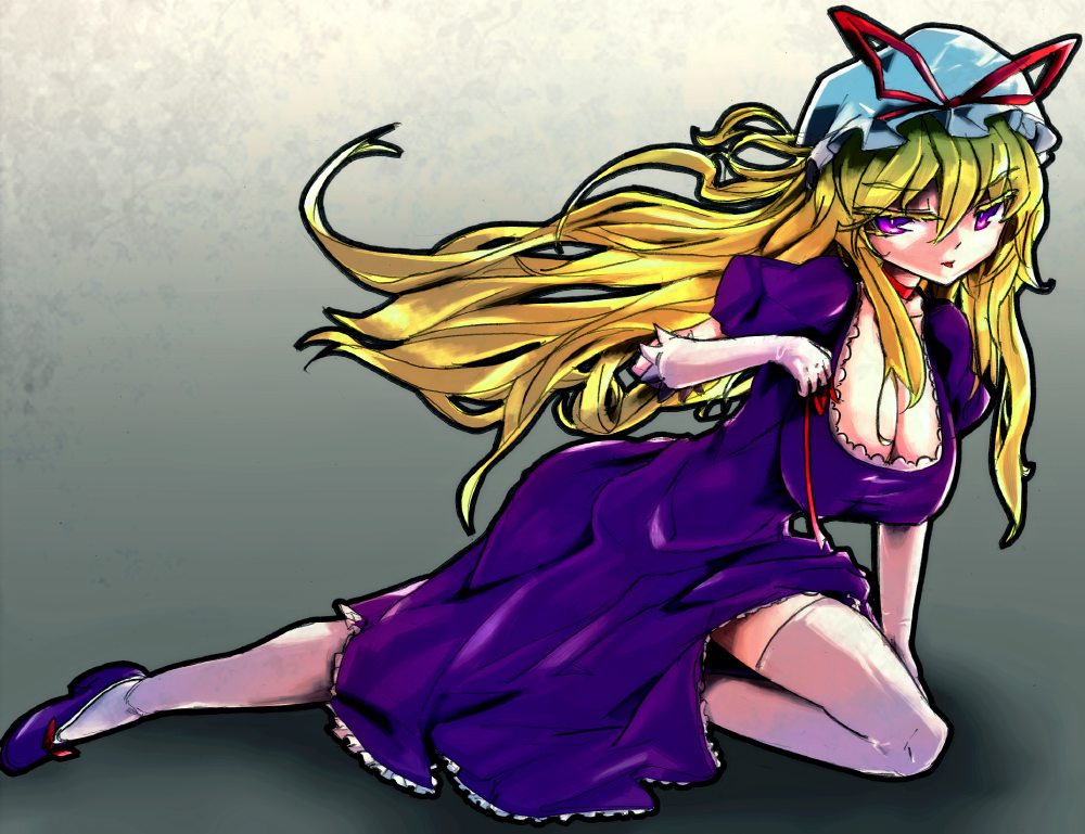 inabauwa, yakumo yukari, touhou, bad id, bad pixiv id, 1girl, blonde hair, breasts, elbow gloves, female focus, gloves, gradient background, hat, large breasts, long hair, solo, thighhighs