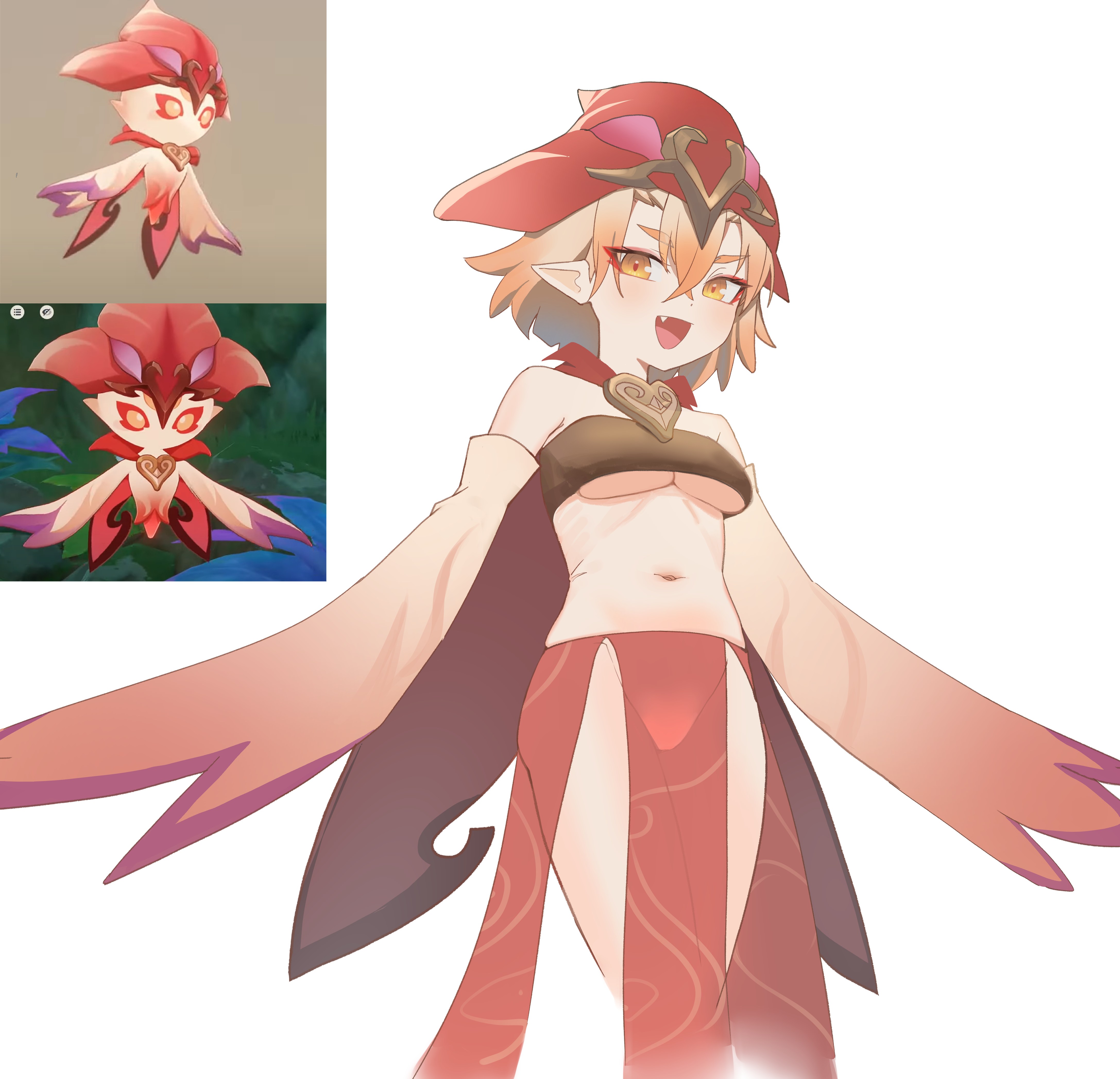 oro (lsg0624), sorush (genshin impact), genshin impact, absurdres, commentary, english commentary, highres, 1girl, :d, bandeau, bare shoulders, black bandeau, blonde hair, breasts, cowboy shot, creature and personification, crossed bangs, double-parted bangs, fang, hair between eyes, hat, looking at viewer, medium breasts, navel, open mouth, pelvic curtain, personification, red hat, red skirt, reference inset, screenshot inset, short hair, simple background, skirt, smile, solo, stomach, underboob, white background, winged arms, wings, yellow eyes