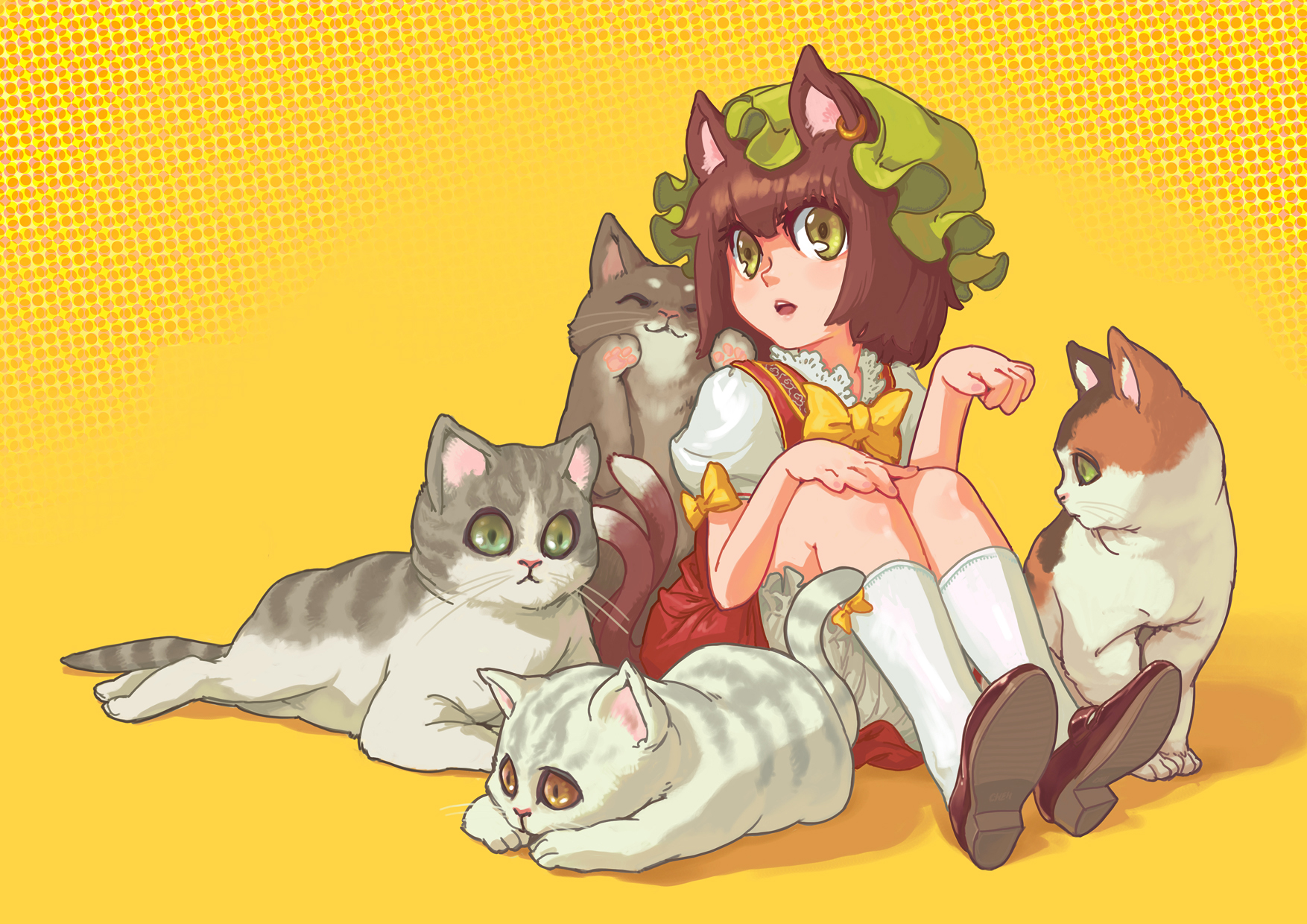 momijigari, chen, touhou, highres, 1girl, alternate hairstyle, animal ears, bob cut, bow, bowtie, brown hair, cat, cat ears, cat tail, earrings, female focus, green eyes, halftone, halftone background, hat, jewelry, multiple tails, paw pose, short hair, sitting, solo, tail, too many, too many cats