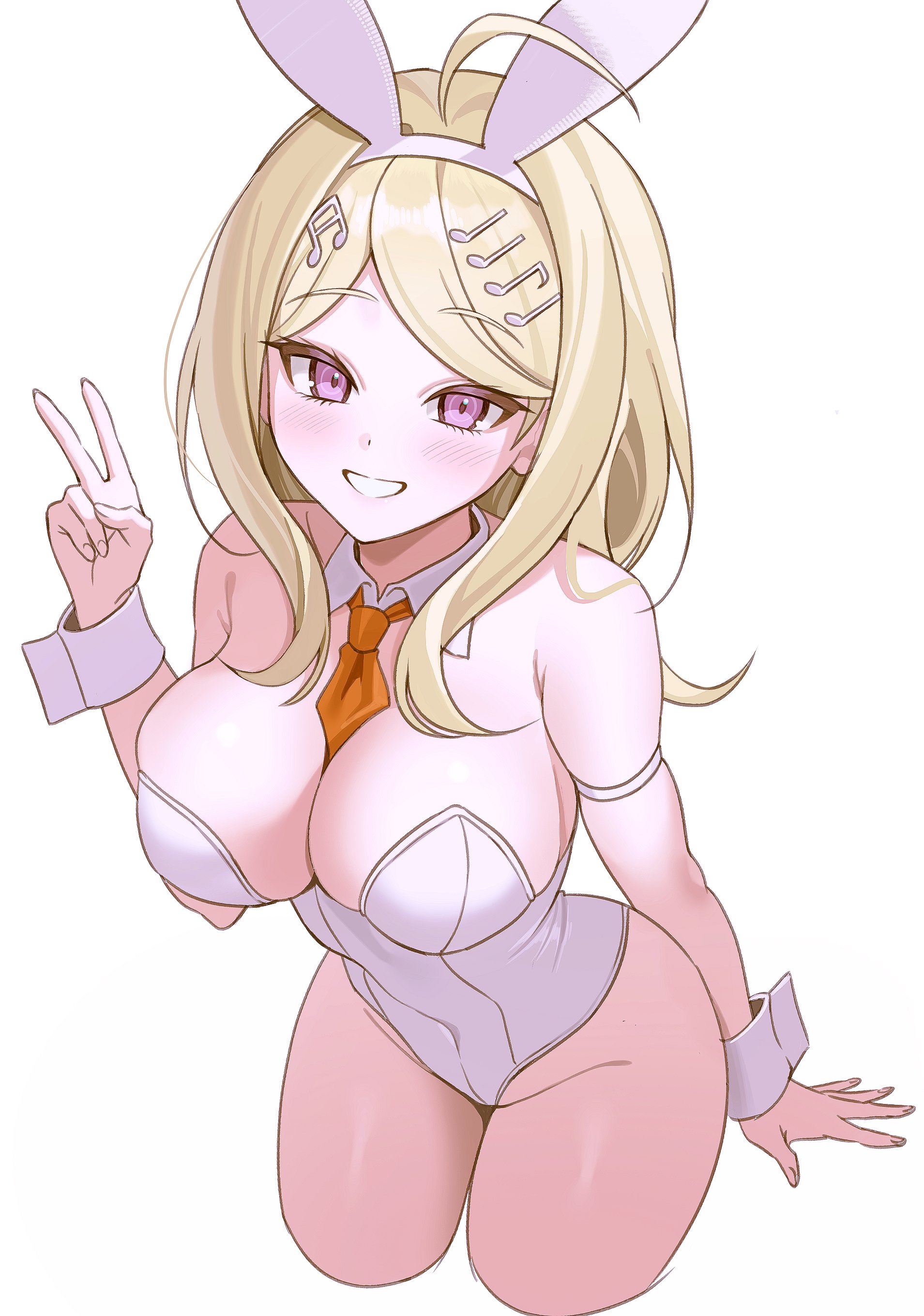 keke (xfxyuio), akamatsu kaede, danganronpa (series), danganronpa v3: killing harmony, absurdres, highres, 1girl, ahoge, animal ears, armband, bare shoulders, blonde hair, blush, breasts, cleavage, curvy, detached collar, fake animal ears, fortissimo, grin, hair ornament, highleg, highleg leotard, large breasts, leaning forward, leotard, long hair, looking at viewer, musical note, musical note hair ornament, necktie, orange necktie, pink eyes, playboy bunny, rabbit ears, smile, standing, teeth, v, white background, white leotard, wide hips, wrist cuffs