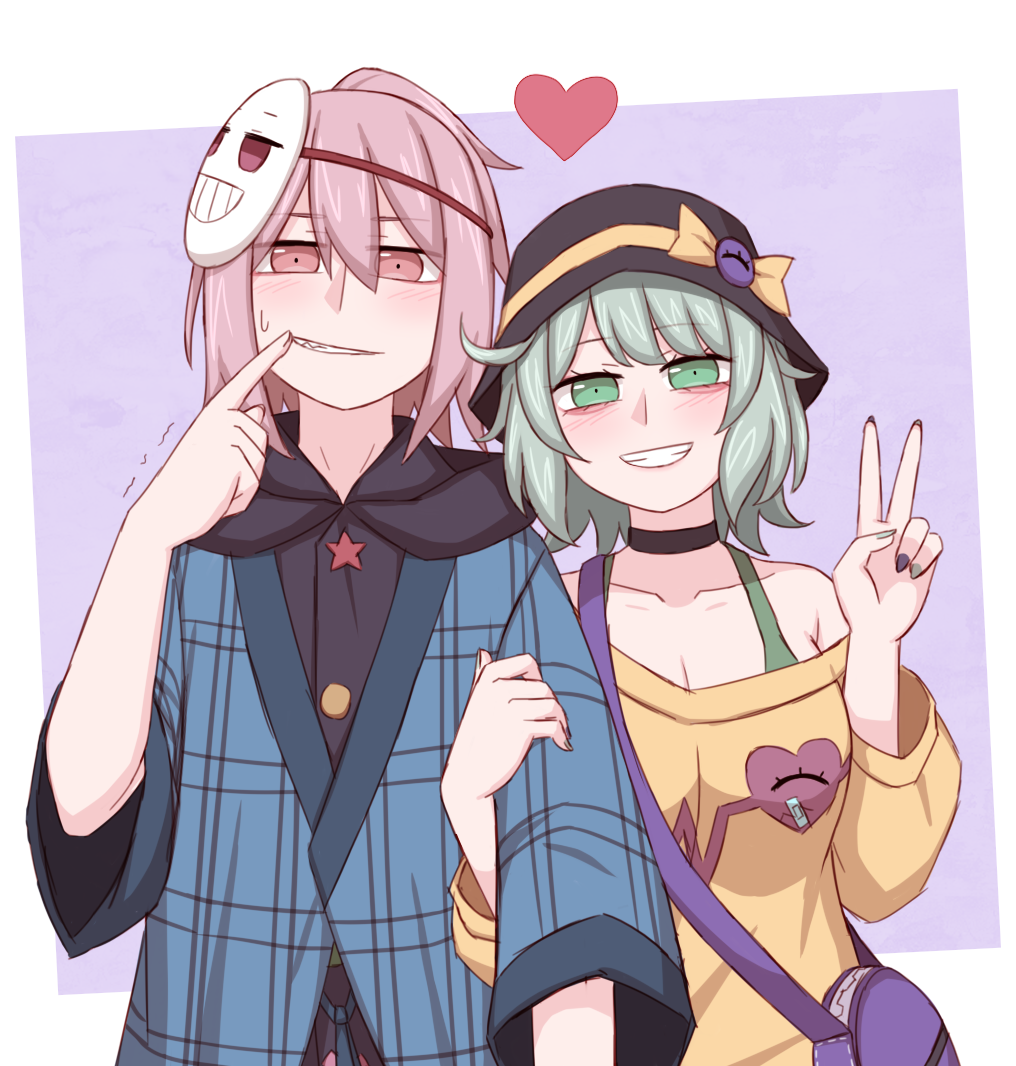kiryuu soma, hata no kokoro, komeiji koishi, touhou, commentary, 1boy, 1girl, alternate costume, arm up, bag, bandaid print, black choker, black hat, blue shirt, blush, border, bow, buttons, choker, clenched teeth, collarbone, double-parted bangs, eye print, fingernails, fingersmile, genderswap, genderswap (ftm), green eyes, green hair, green nails, green tank top, grin, hair between eyes, half-closed eyes, hat, hat bow, hat ribbon, heart, heart print, layered shirt, long fingernails, long sleeves, mask, mask on head, medium hair, open mouth, pink eyes, pink hair, plaid clothes, plaid shirt, puffy long sleeves, puffy sleeves, purple background, purple bag, purple eyes, ribbon, sharp teeth, shirt, short hair, short sleeves, shoulder bag, simple background, smile, star (symbol), star button, sweater, swept bangs, tank top, teeth, upper body, v, white border, yellow bow, yellow ribbon, yellow sweater