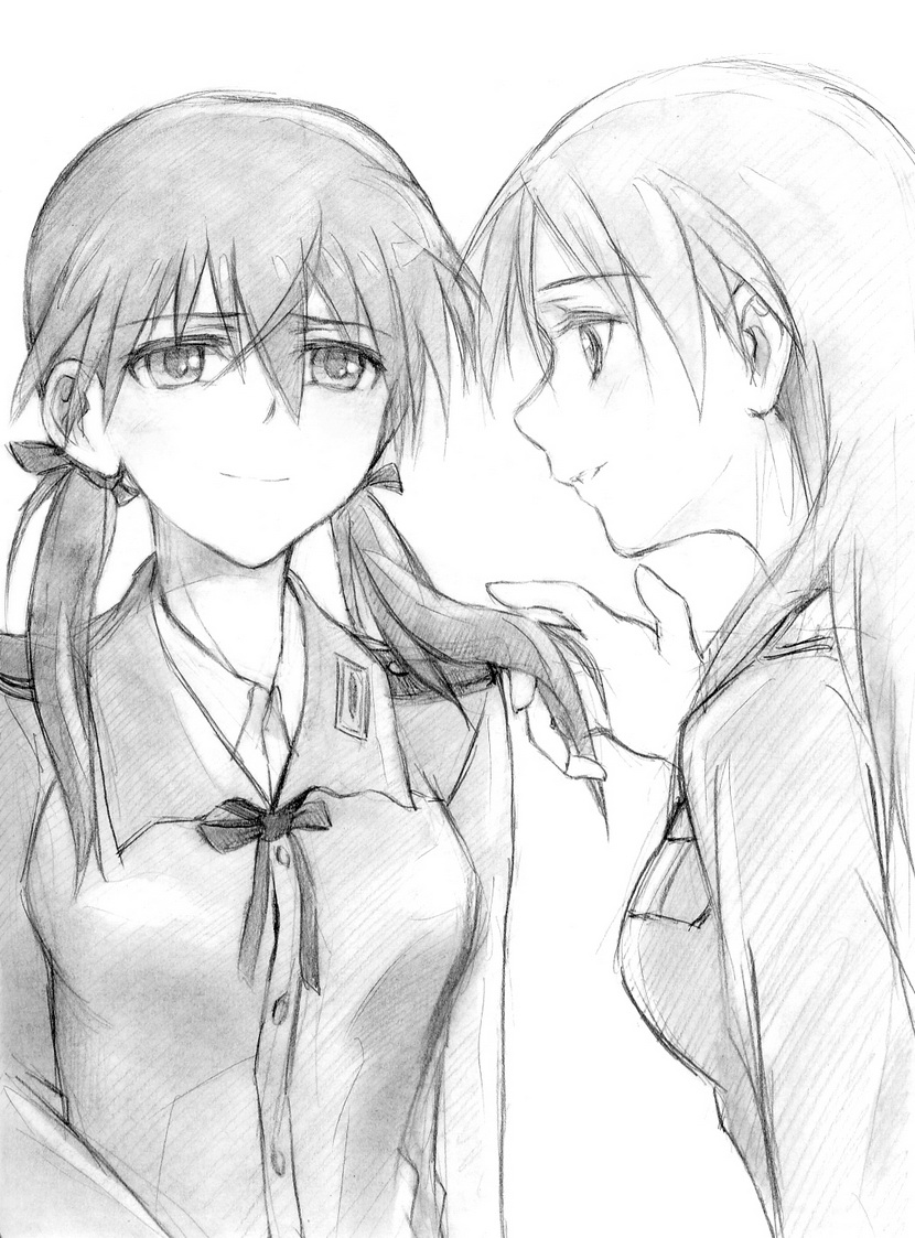kisetsu, gertrud barkhorn, minna-dietlinde wilcke, strike witches, world witches series, uniform, bad id, bad pixiv id, traditional media, 2girls, greyscale, monochrome, multiple girls, twintails