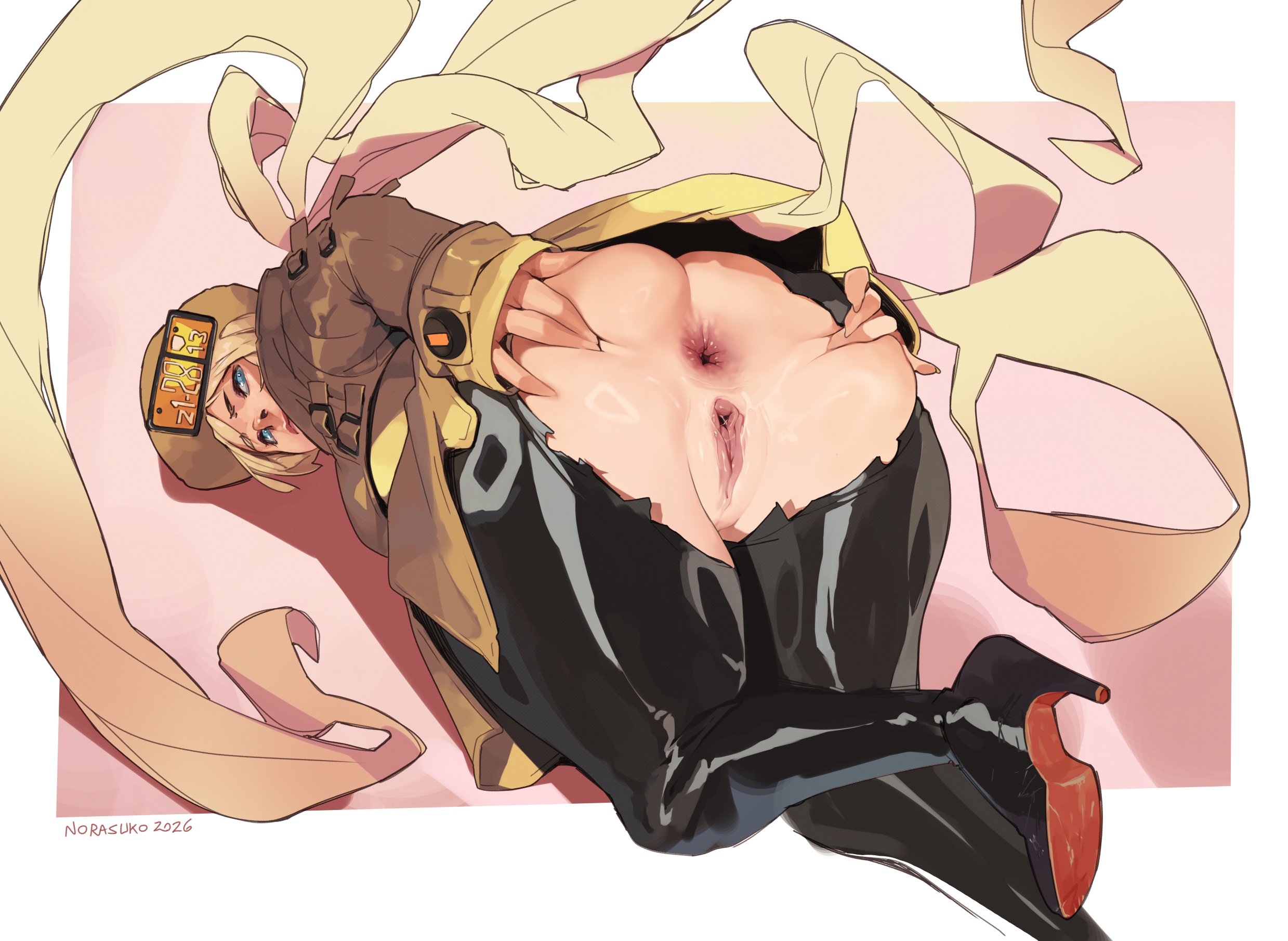 norasuko, millia rage, guilty gear, highres, 1girl, anus, ass, blonde hair, blue eyes, fingerless gloves, fur hat, gloves, hat, high heels, long hair, long sleeves, looking at viewer, pantyhose, pussy, shiny skin, solo, torn clothes, torn pantyhose