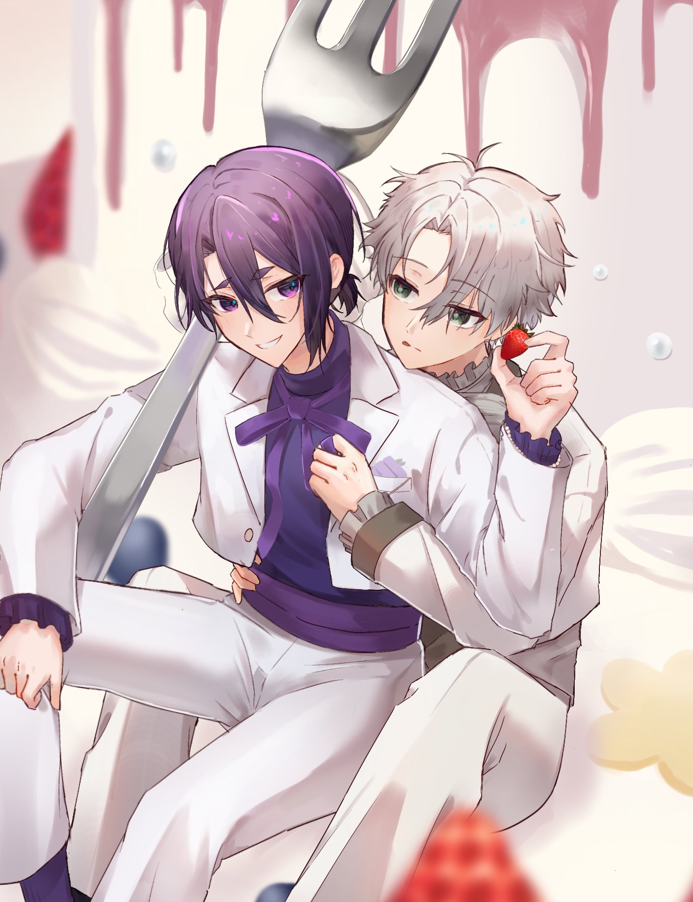 mikage reo, nagi seishirou, blue lock, highres, cake, food, fork, fruit, holding another's waist, jacket, licking lips, looking at another, pants, parted bangs, ponytail, purple hair, purple ribbon, ribbon, short ponytail, signbn, simple background, sitting, sitting on lap, sitting on person, smile, strawberry, tongue, tongue out, white hair, white jacket, white pants