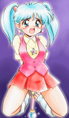 mint (sweet mint), mahou no angel sweet mint, lowres, 1990s (style), blue eyes, blue hair, magical girl, twintails, wand