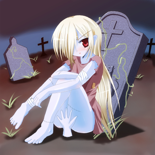 artist request, lowres, 1girl, bandages, barefoot, blonde hair, blue skin, blush, bottomless, censored, colored skin, convenient censoring, cross, embarrassed, feet, female focus, grave, graveyard, hair over one eye, long hair, monster girl, outdoors, red eyes, scar, sitting, solo, stitches, tombstone, torn clothes, very long hair, zombie