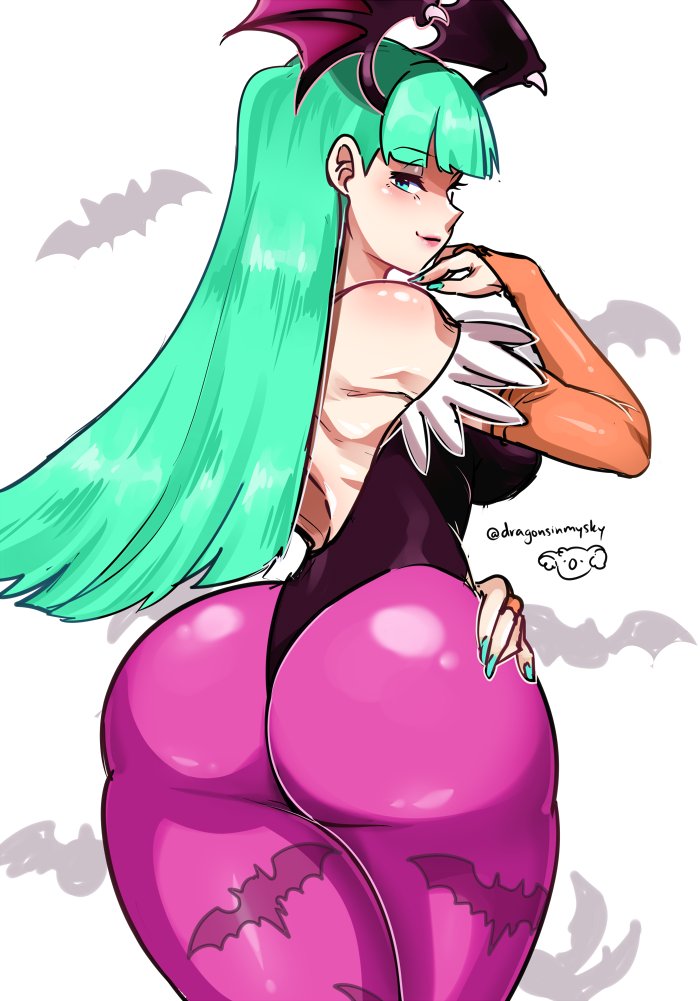 d-ryuu, morrigan aensland, darkstalkers, commentary, english commentary, 1girl, animal print, ass, backless leotard, bare shoulders, bat (animal), bat print, black leotard, blunt bangs, blunt ends, bridal gauntlets, curvy, green eyes, green hair, green nails, half-closed eyes, hand on own ass, head wings, highleg, highleg leotard, huge ass, leotard, lips, long hair, looking back, orange bridal gauntlets, pantyhose, pink lips, pink pantyhose, print pantyhose, smile, straight hair, thick thighs, thighs, thong leotard, wide hips, wings