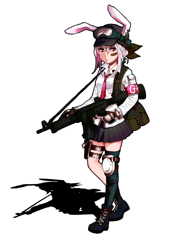 toraneko, reisen udongein inaba, touhou, bad id, bad pixiv id, 1girl, animal ears, armband, assault rifle, bandaid, boots, female focus, fingerless gloves, gloves, goggles, goggles on head, gun, handgun, hat, holster, knee pads, left-handed, long hair, necktie, pistol, purple hair, rabbit ears, red eyes, rifle, single thighhigh, skirt, solo, thigh holster, thigh strap, thighhighs, weapon